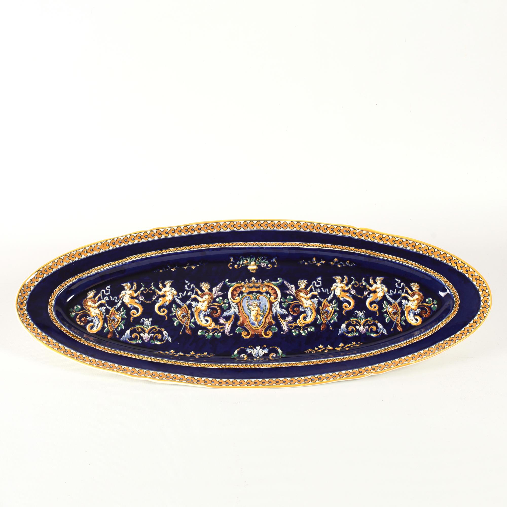 Large French Gien Renaissance Hand Painted Porcelain Oval Serving Platter For Sale 2