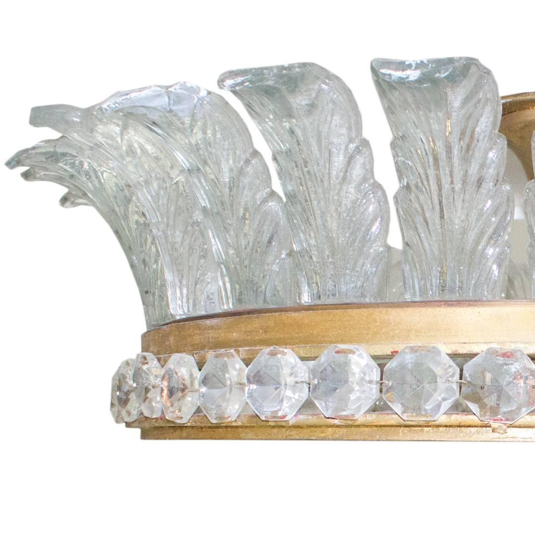 Hollywood Regency Large French Gilded Bronze, Crystal and Glass Flush Mount Fixture