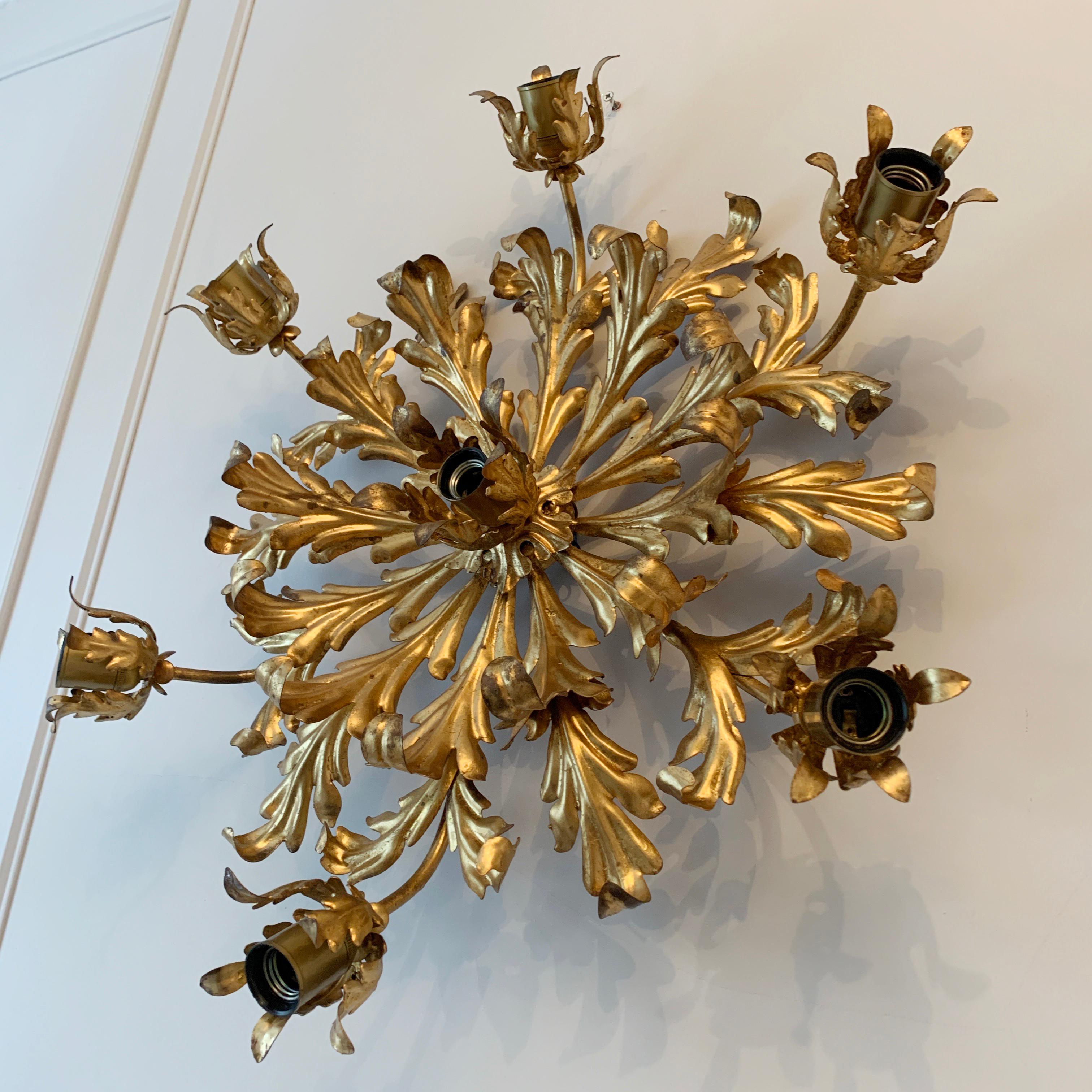 Mid-Century Modern Large French Gilt Acanthus Leaf Flush Light, circa 1960s