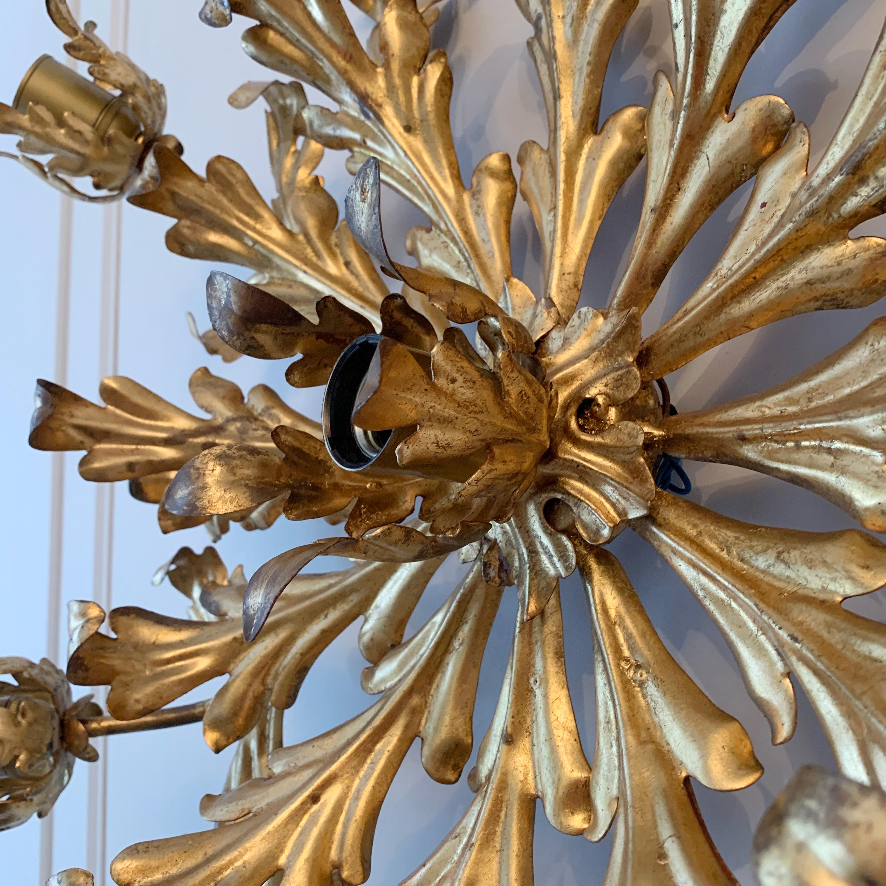 Large French Gilt Acanthus Leaf Flush Light, circa 1960s In Good Condition In Hastings, GB