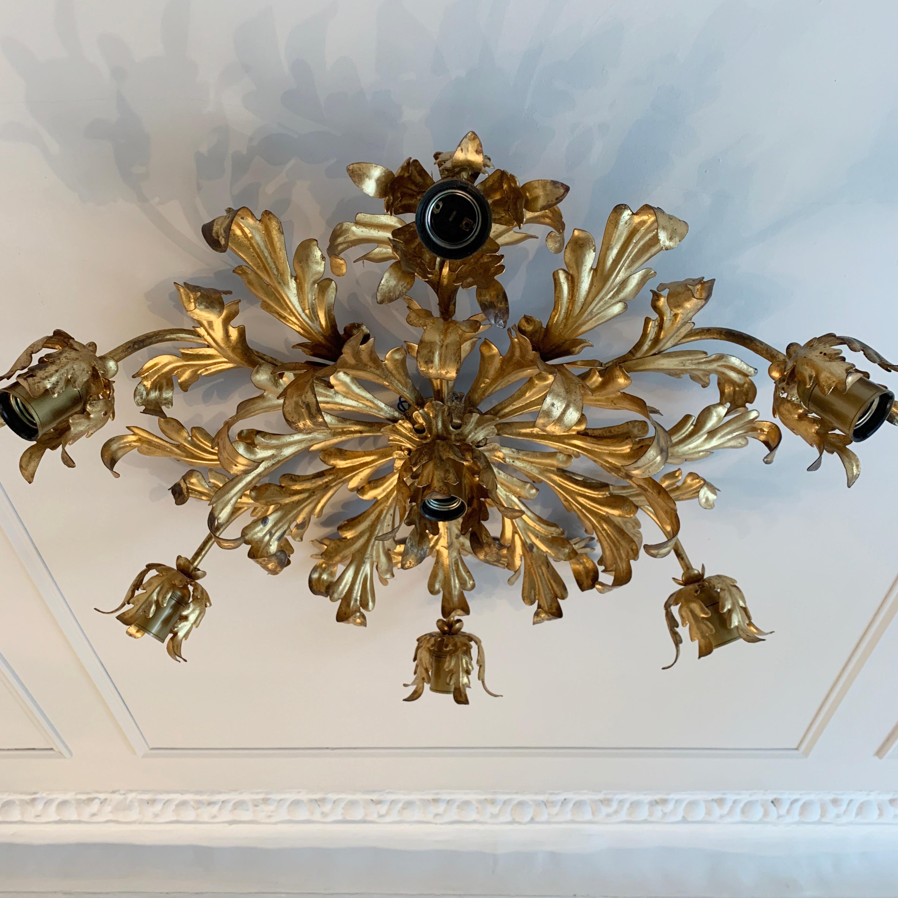 Metal Large French Gilt Acanthus Leaf Flush Light, circa 1960s