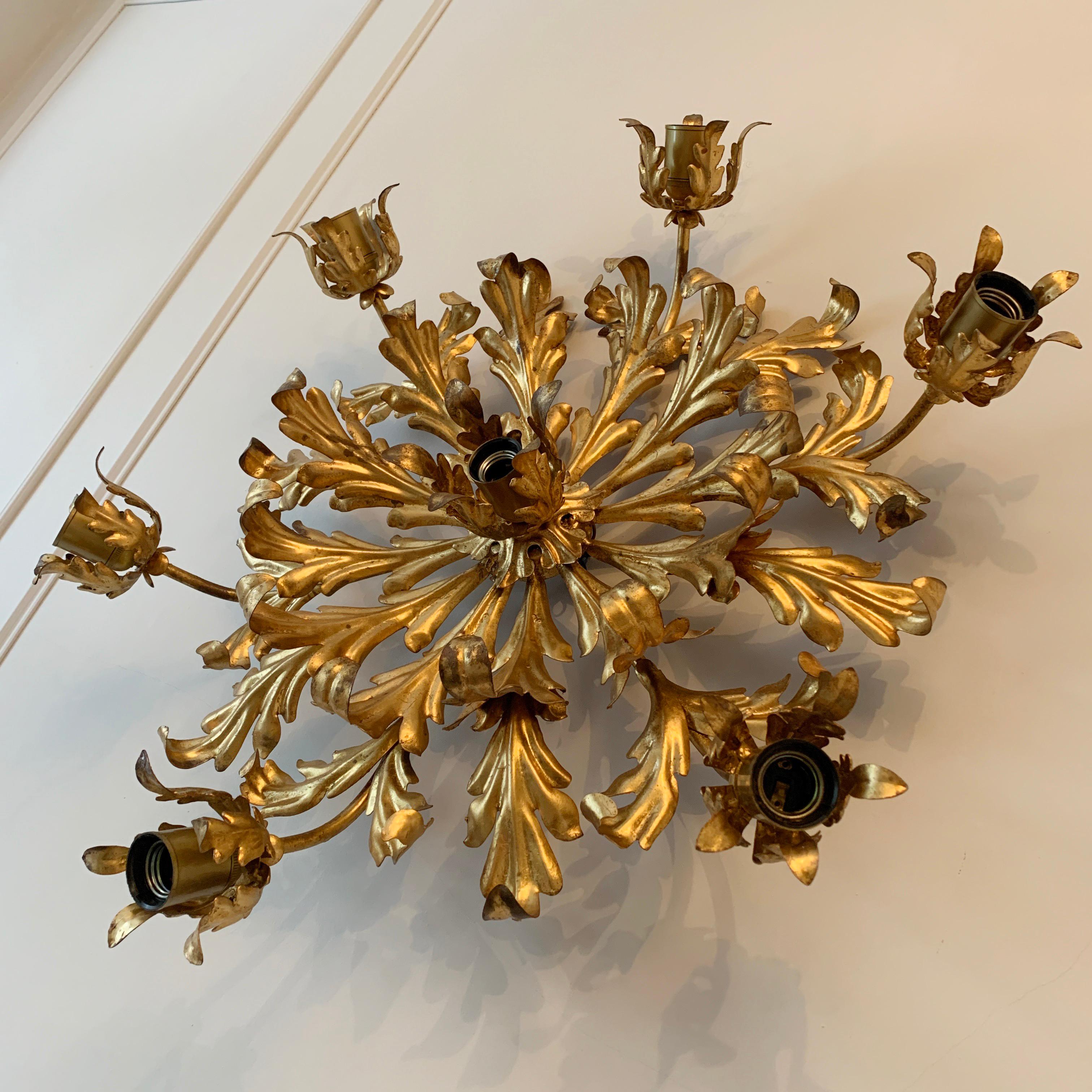 Large French Gilt Acanthus Leaf Flush Light, circa 1960s 2