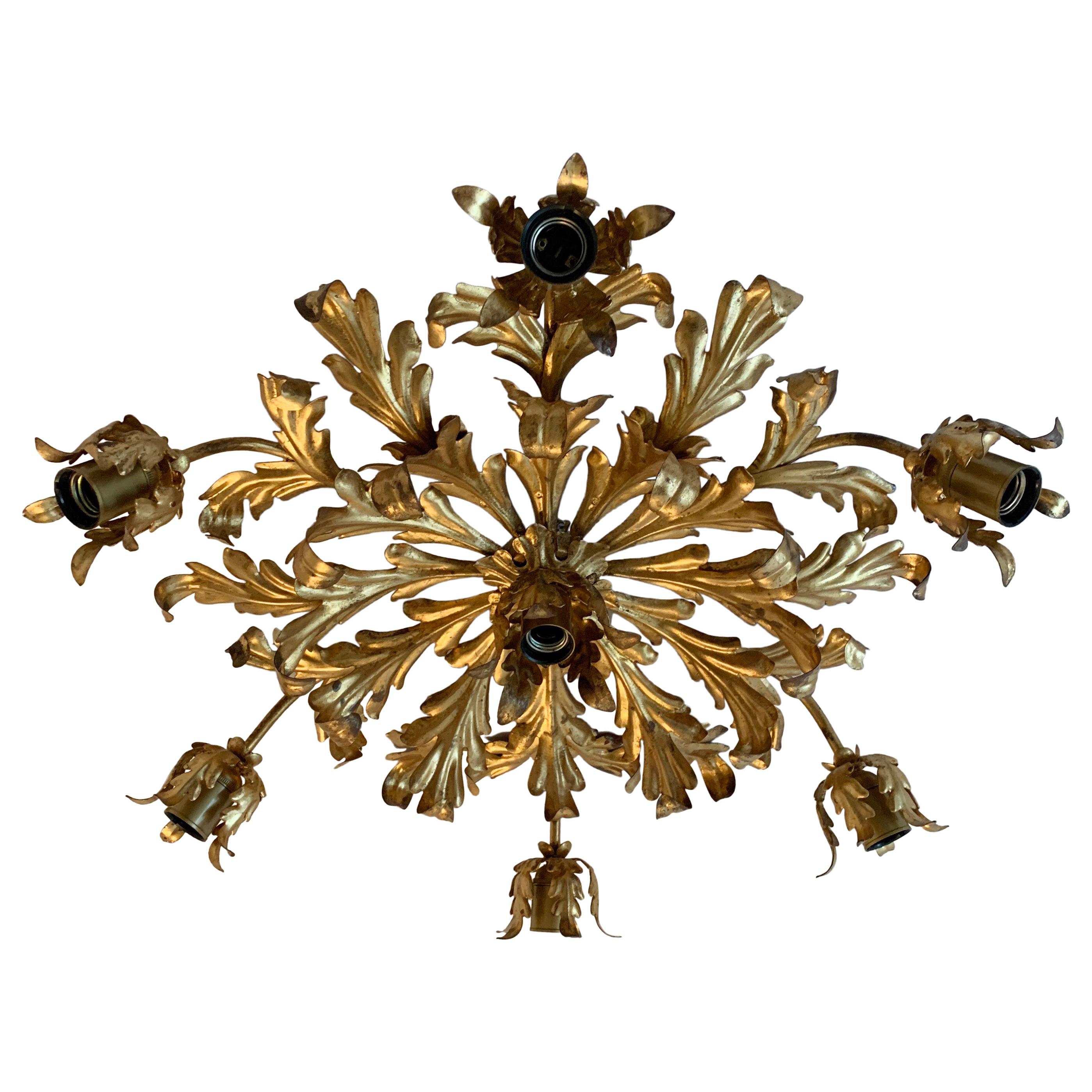 Large French Gilt Acanthus Leaf Flush Light, circa 1960s