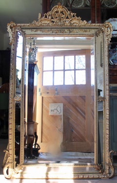 Large French Gilt Borderglass Pier Mirror with Rococo Crest, 19th Century