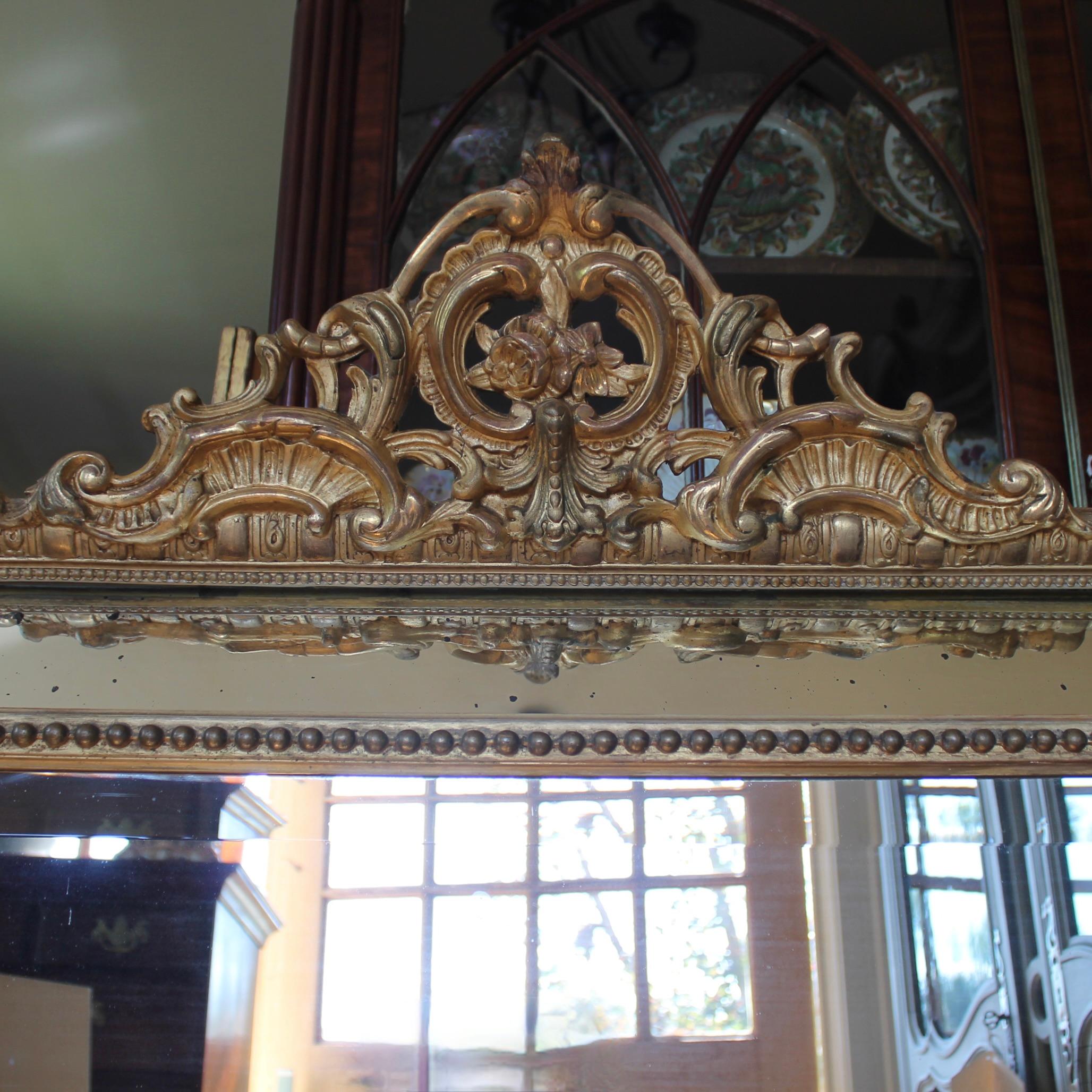 Hand-Carved Large French Gilt Borderglass Pier Mirror with Rococo Crest, 19th Century For Sale