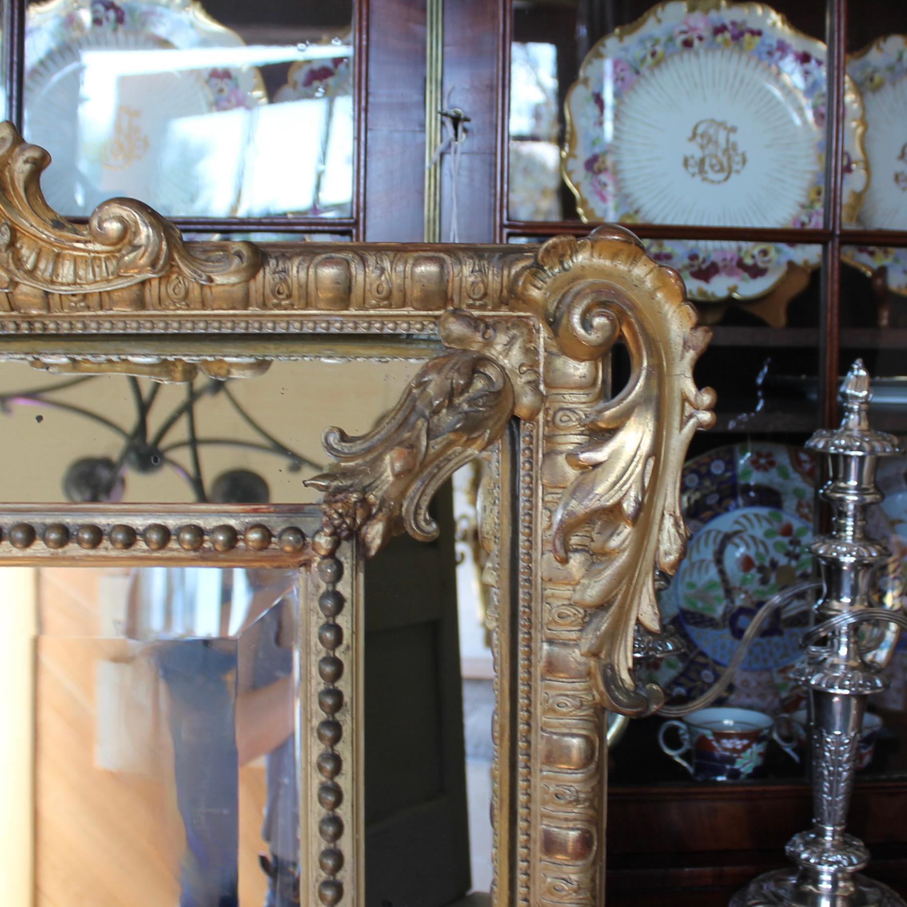 Gesso Large French Gilt Borderglass Pier Mirror with Rococo Crest, 19th Century For Sale