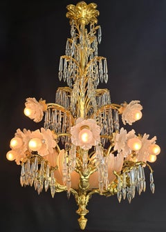 Large French Gilt Bronze and Crystal Chandelier with Cherubs and Palm Leaves