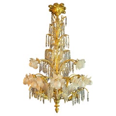 Large French Gilt Bronze and Crystal Chandelier with Cherubs and Palm Leaves