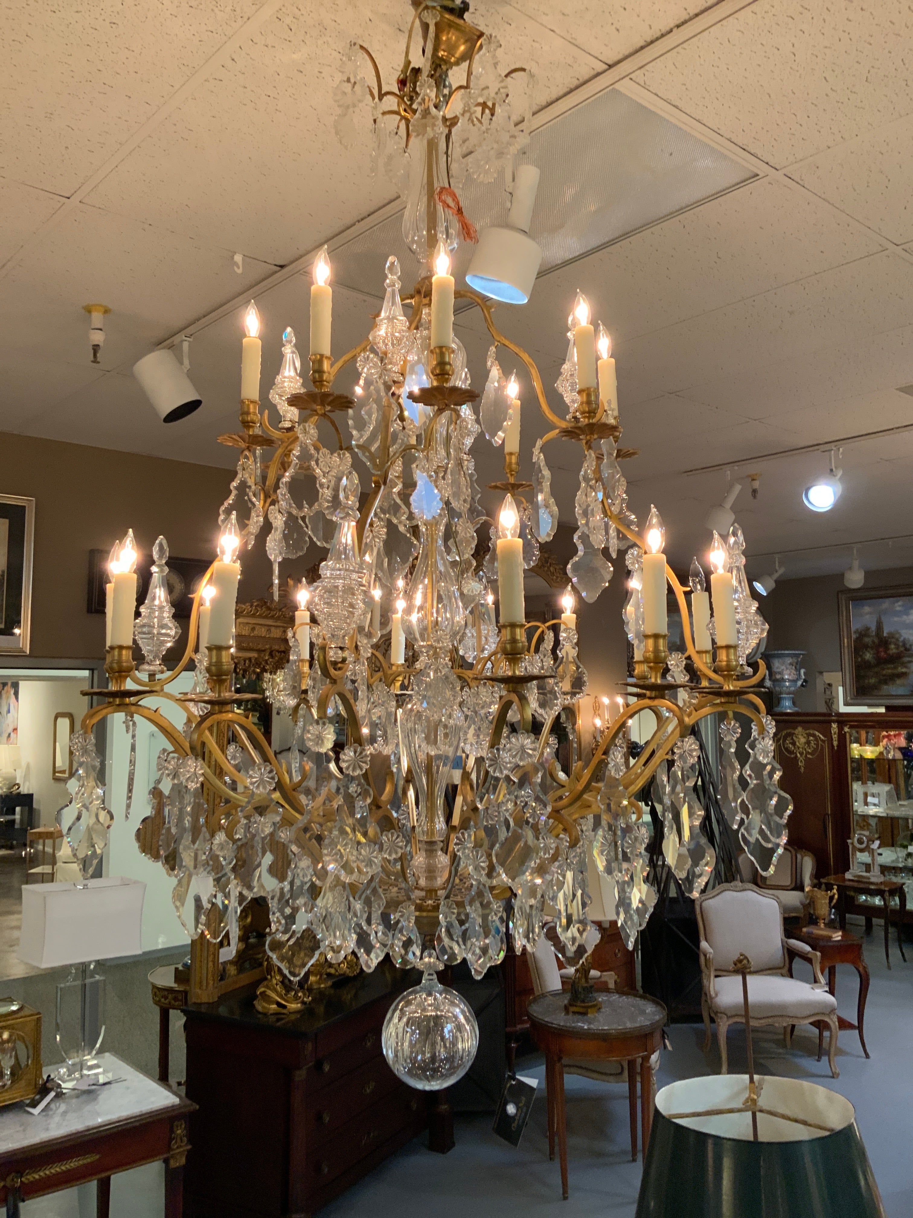Large French Gilt Bronze and Crystal Twenty-Light Chandelier