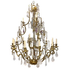 Grande lampadario francese in bronzo dorato e cristallo di rocca