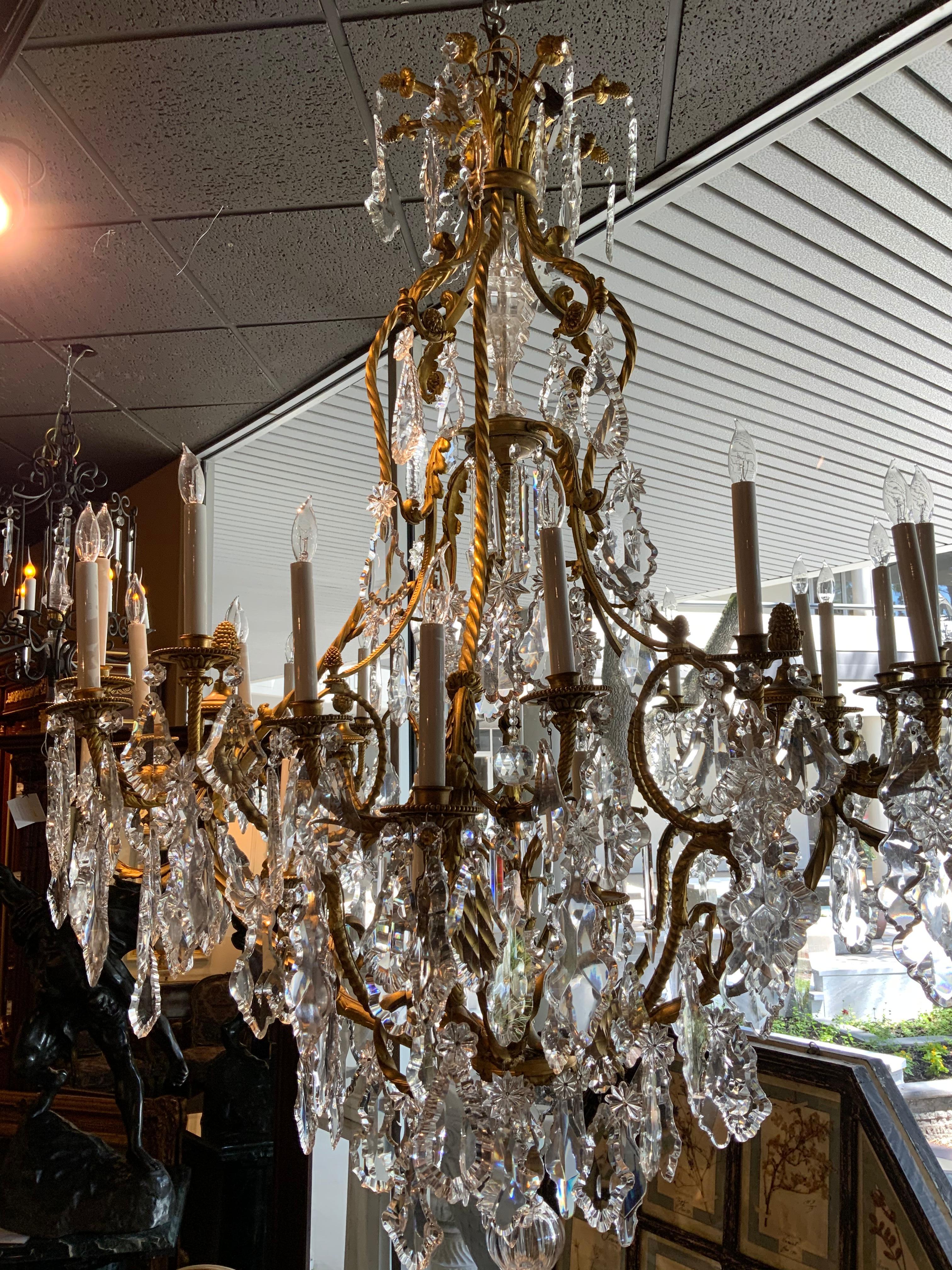 20th Century Large French Gilt Bronze Chandelier with Large Crystal and 24 Lights