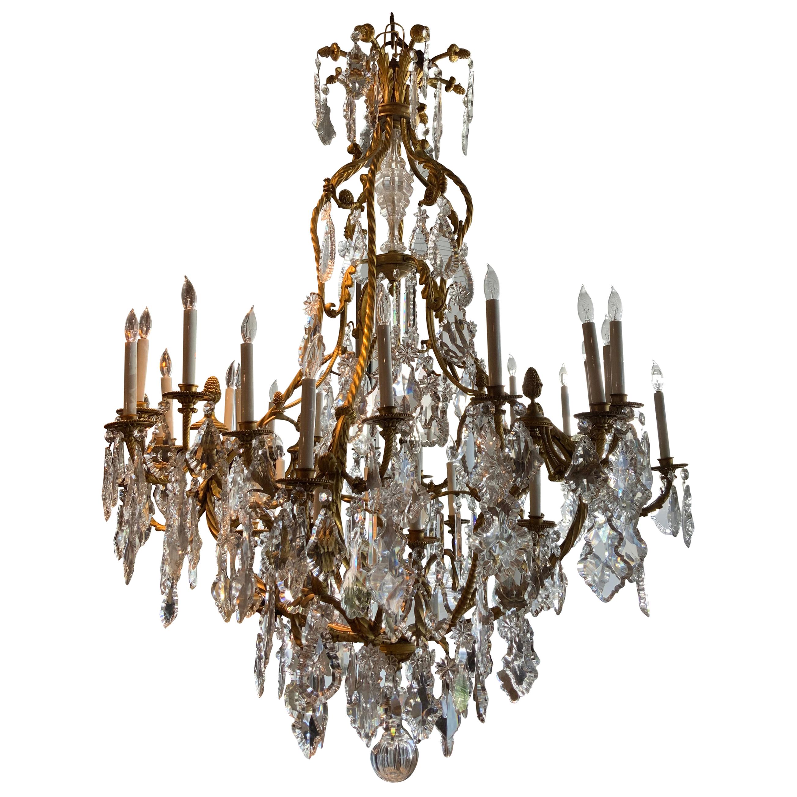 Large French Gilt Bronze Chandelier with Large Crystal and 24 Lights