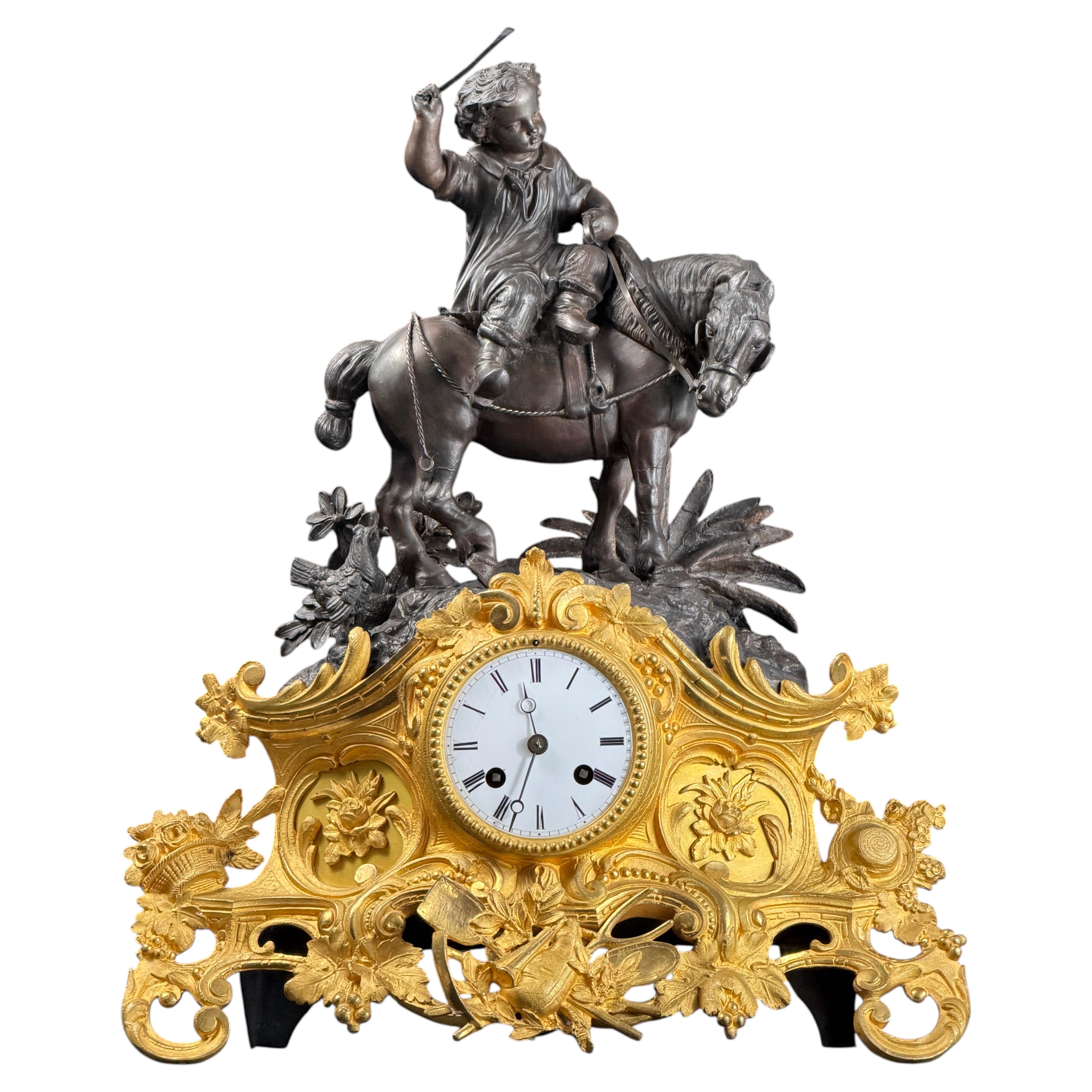 Large French Gilt Bronze Figural Mantel Clock by Les Japy Fils, 1850s For Sale