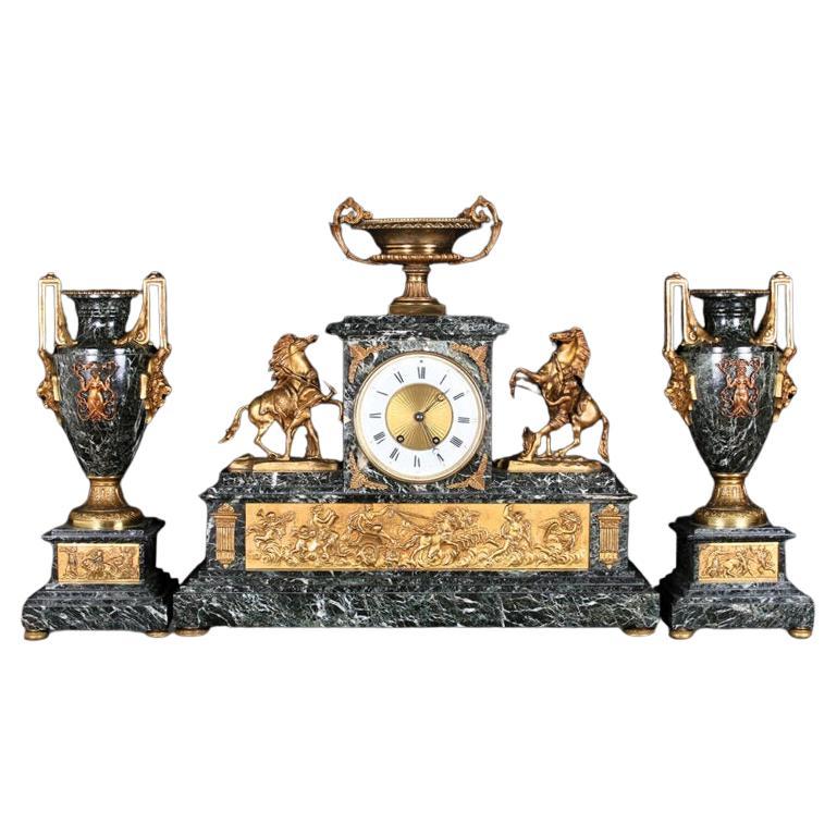 Large French Gilt Bronze & Marble Mantle Clock Set “Balthazar París”