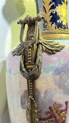 Large French Gilt Bronze Mounted Sevres Style Vase with Painting After Boucher