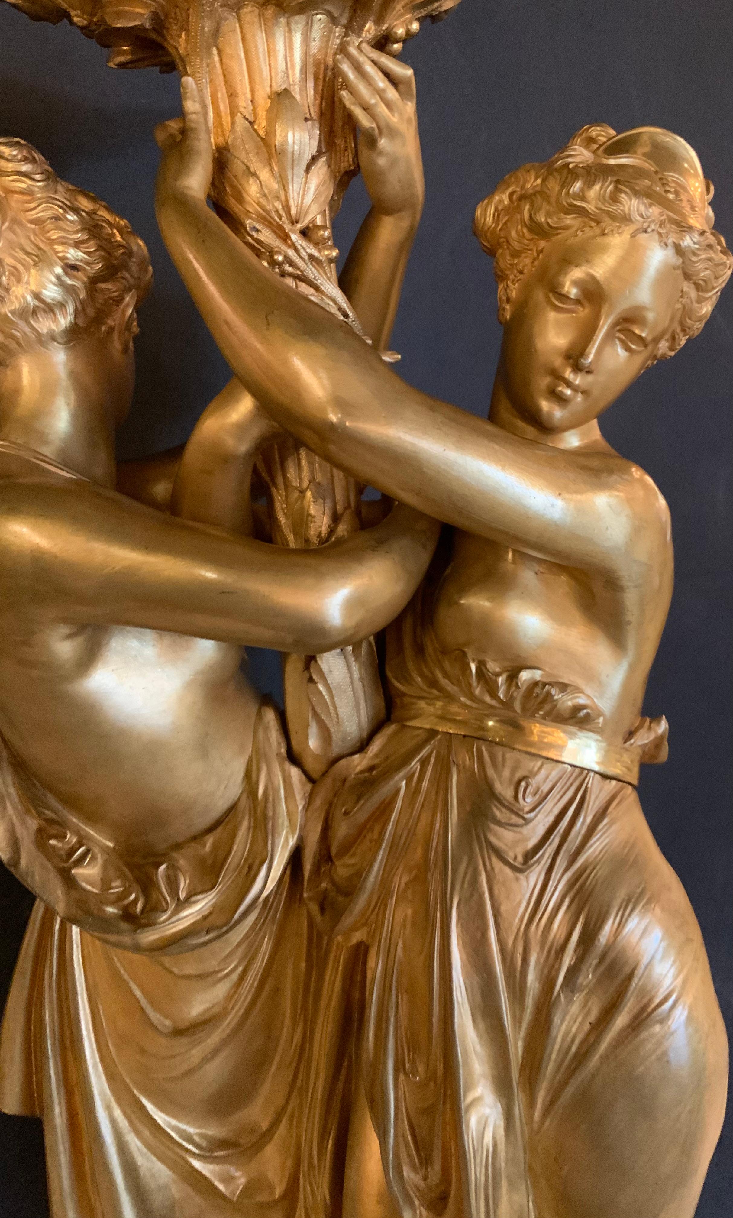 La raffinata fusione e l'eccellente doratura rendono questo pezzo
Eccezionale   La scultura di due fanciulle neoclassiche
In abiti drappeggiati che sostengono un palo centrale su un legno duro rotondo 
Base con finiture in ormolu a fogliame, la