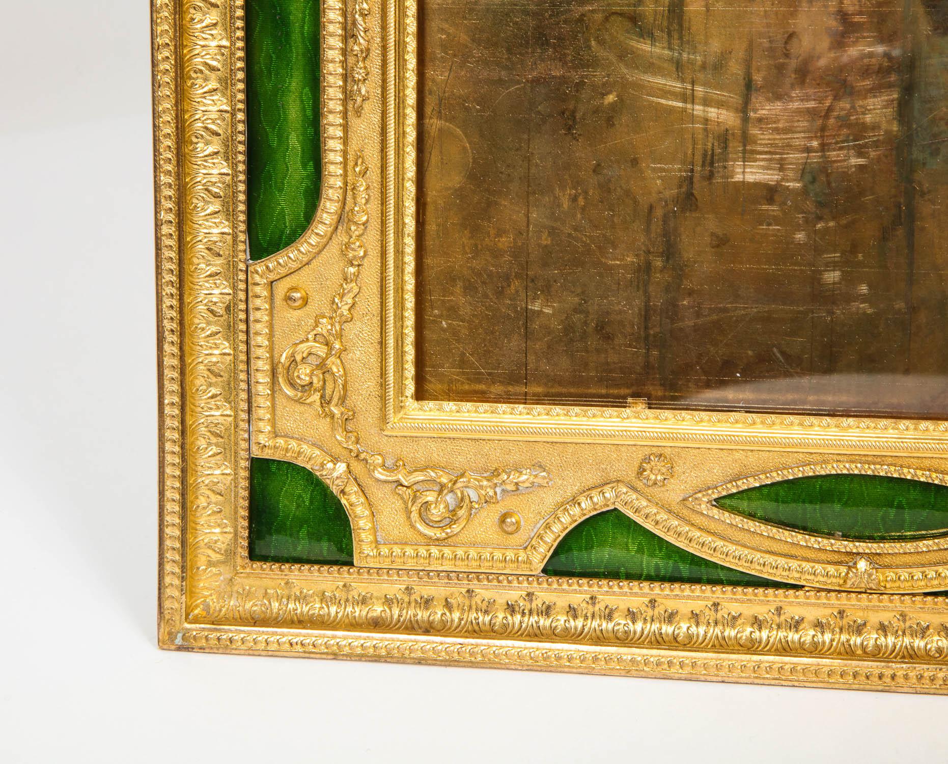 Large French Gilt Bronze Ormolu and Green Guilloche Enamel Picture Photo Frame In Good Condition In New York, NY