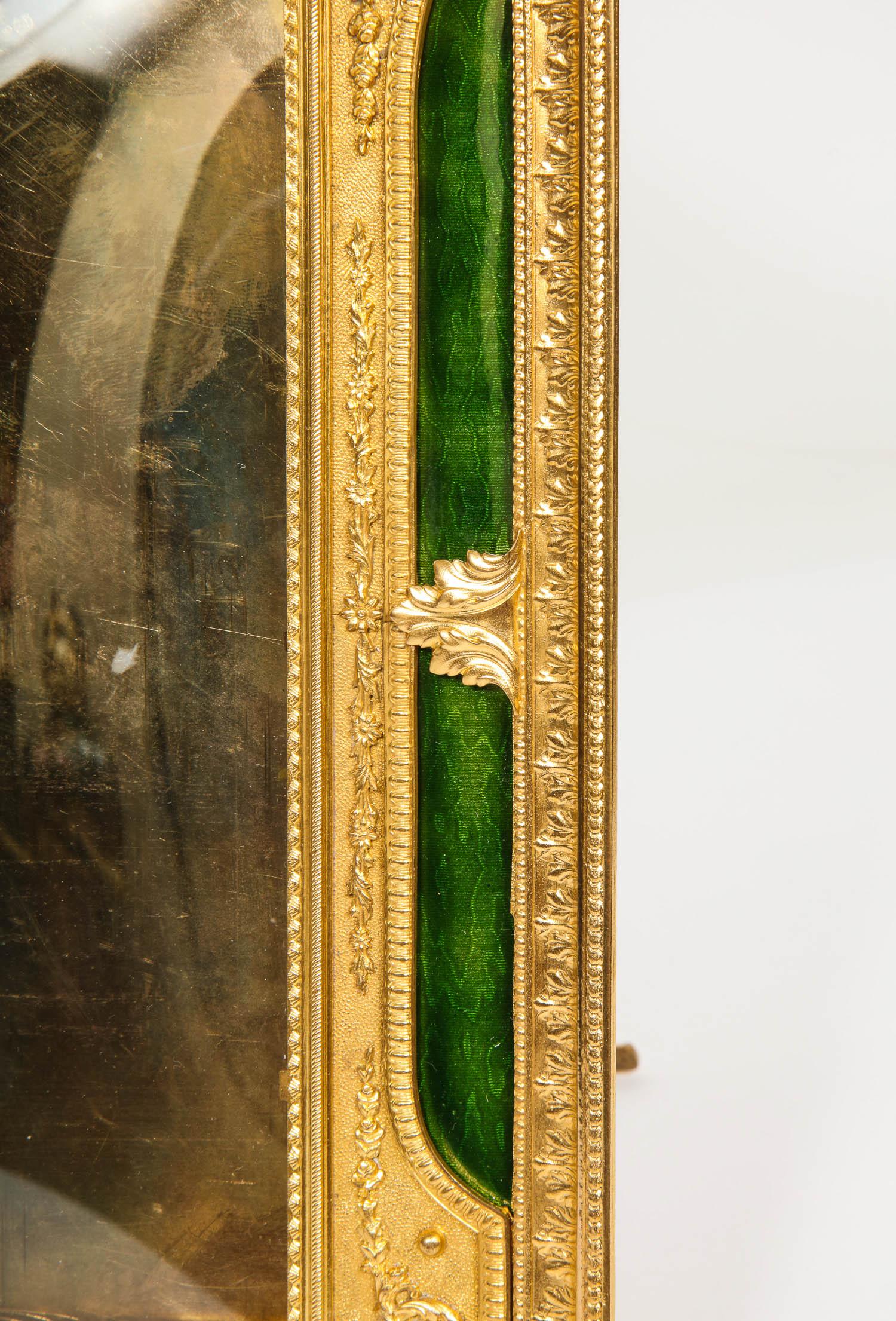 19th Century Large French Gilt Bronze Ormolu and Green Guilloche Enamel Picture Photo Frame