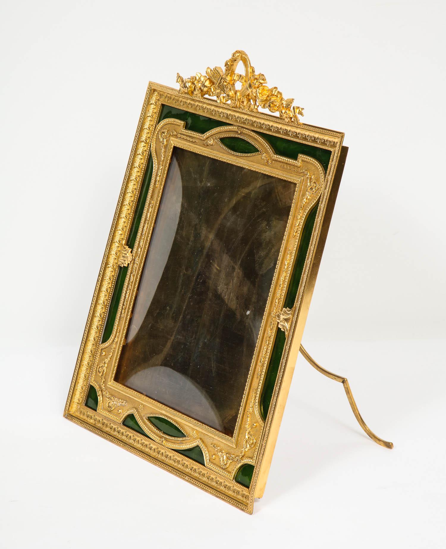 Large French Gilt Bronze Ormolu and Green Guilloche Enamel Picture Photo Frame 1