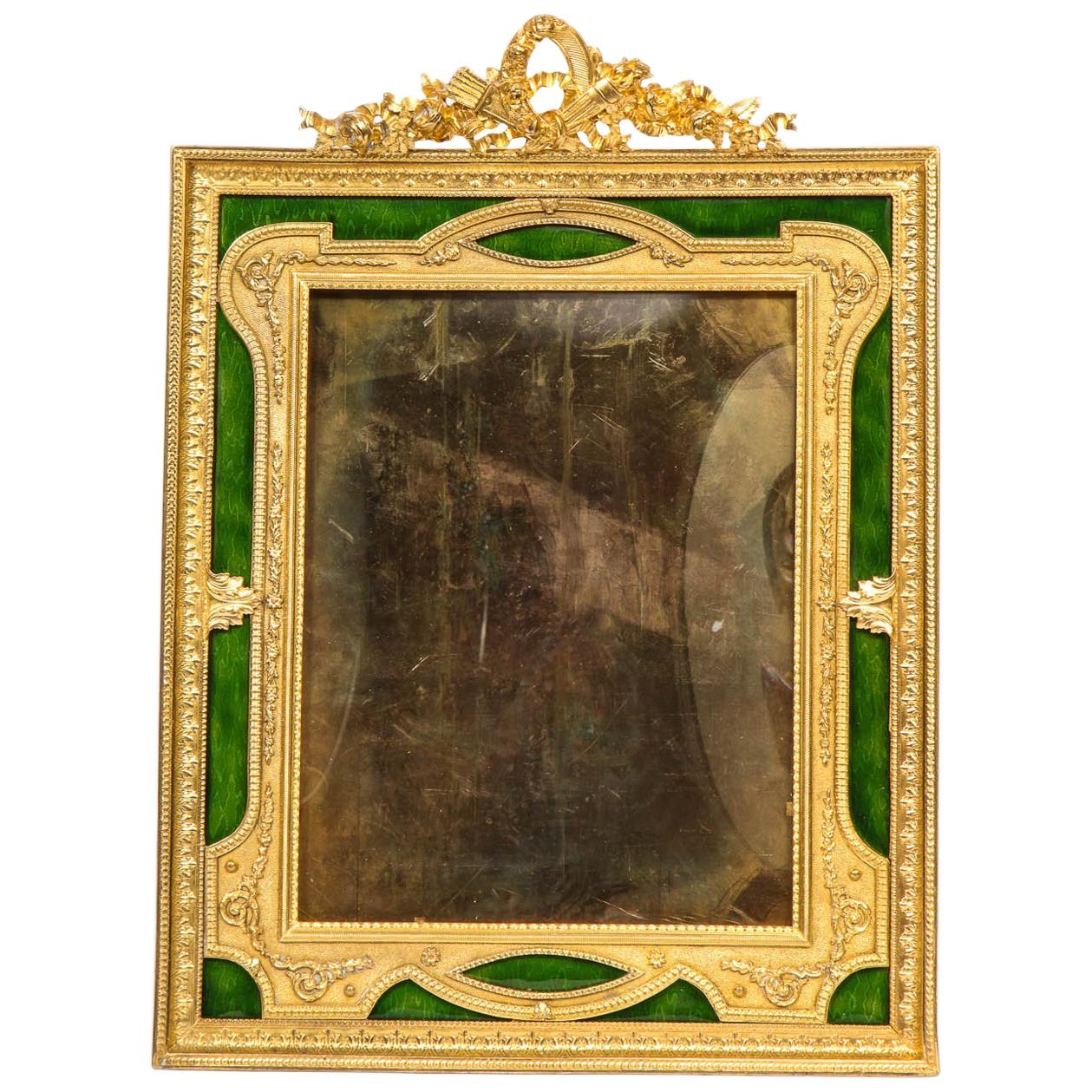 Large French Gilt Bronze Ormolu and Green Guilloche Enamel Picture Photo Frame