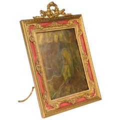 Antique Large French Gilt Bronze Ormolu and Pink Guilloche Enamel Picture Photo Frame