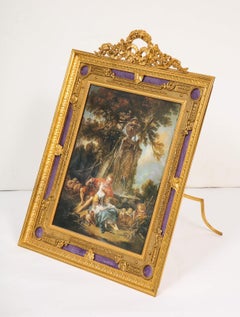 Large French Gilt Bronze Ormolu and Purple Guilloche Enamel Picture Photo Frame