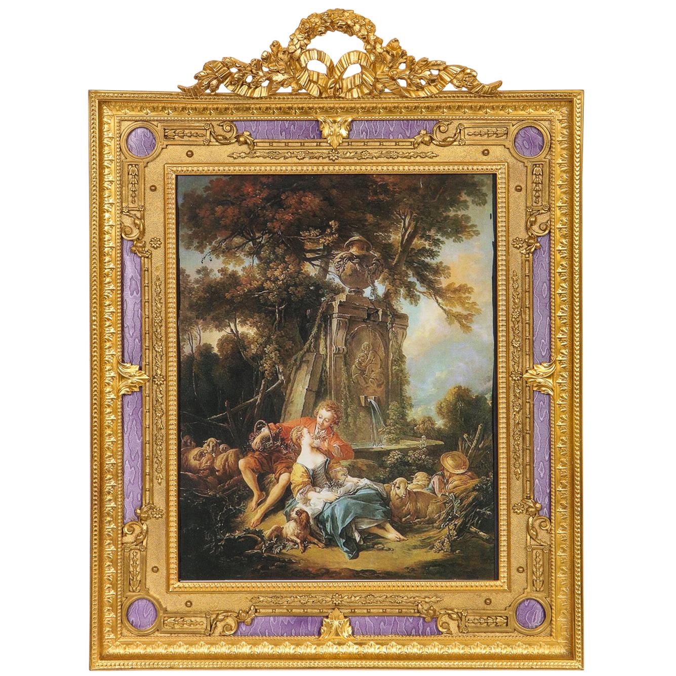 Large French Gilt Bronze Ormolu and Purple Guilloche Enamel Picture Photo Frame