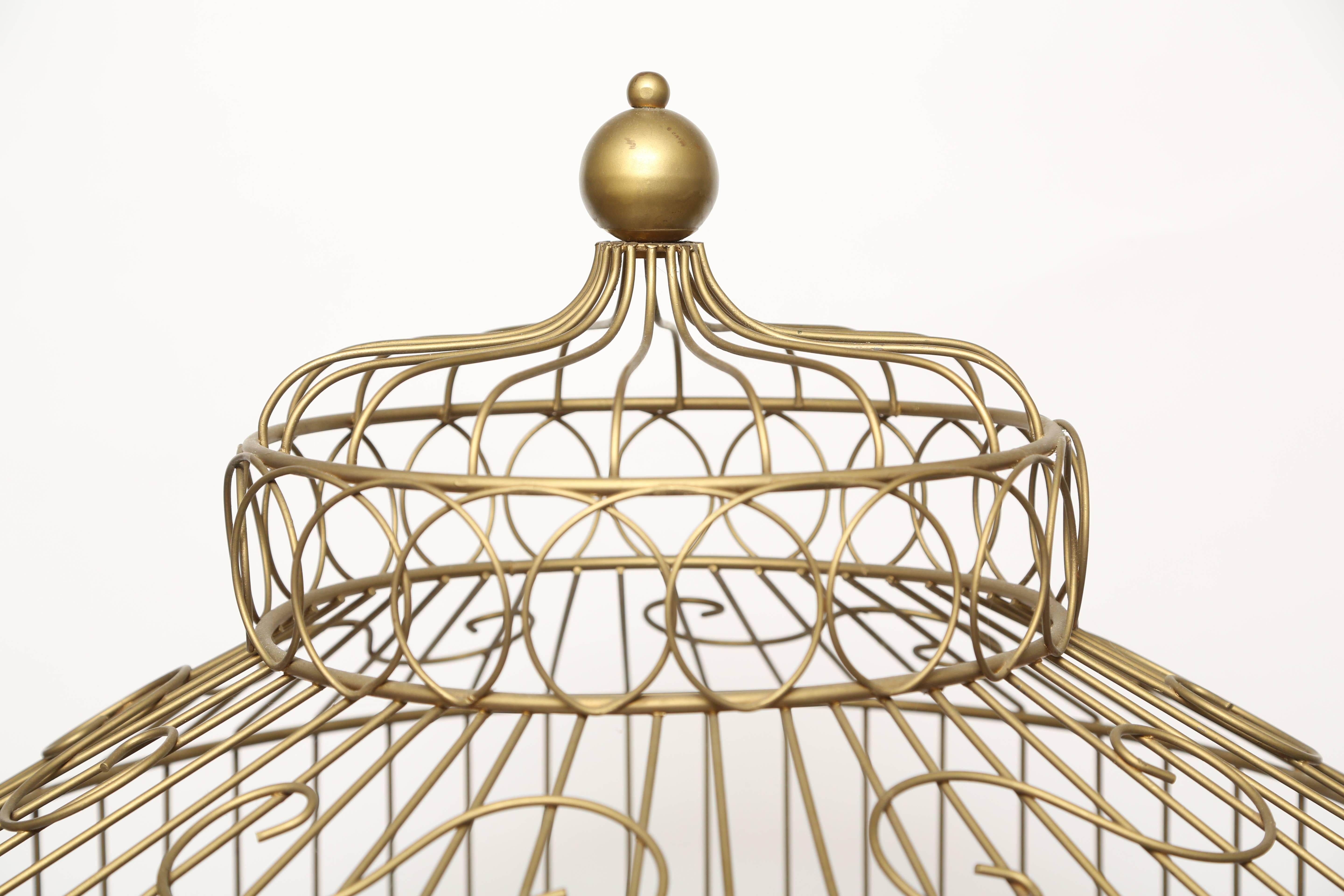 Modern Mid-20th Century French Bird Cage on Stand-Gilt Metal and Copper