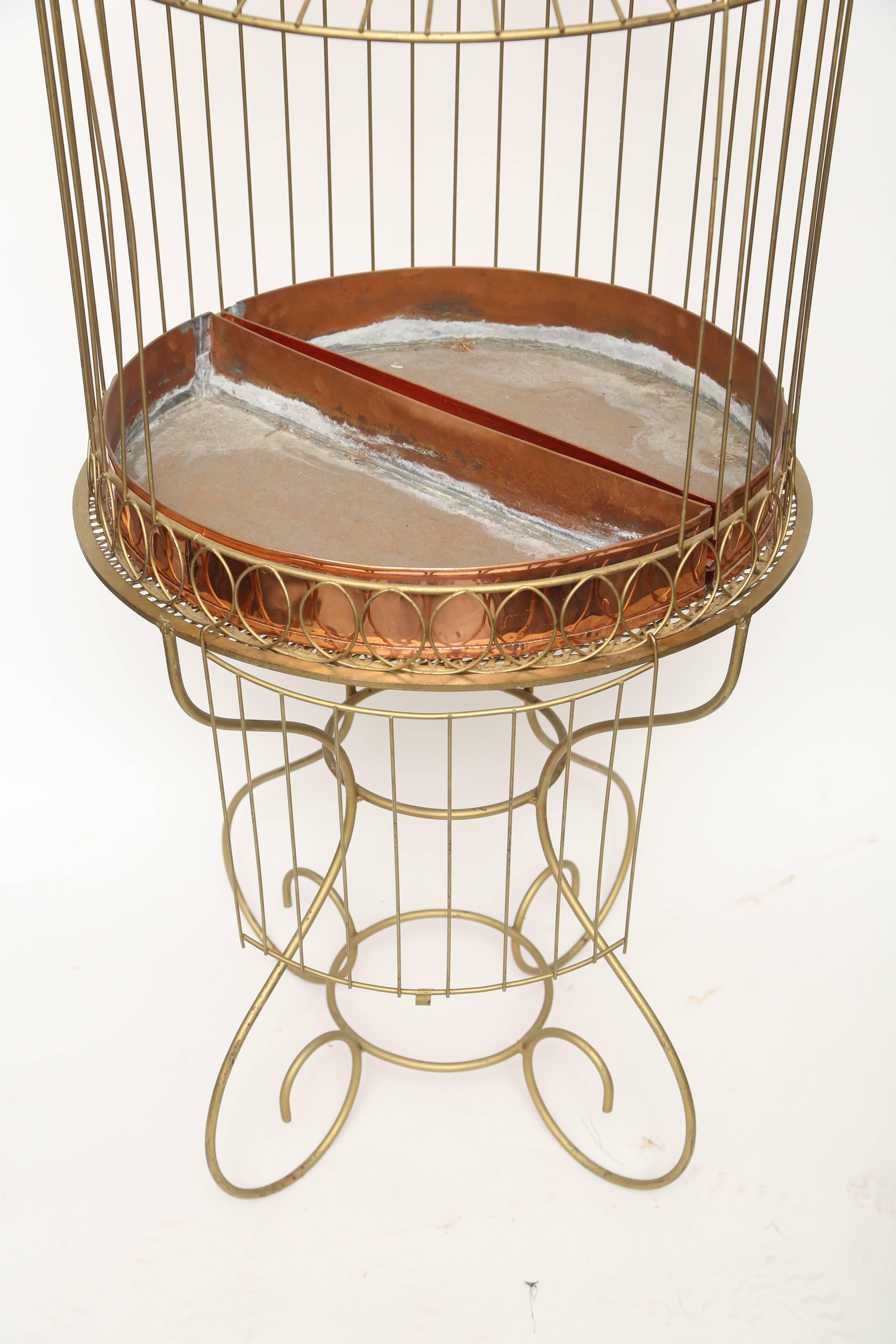 Mid-20th Century French Bird Cage on Stand-Gilt Metal and Copper 1