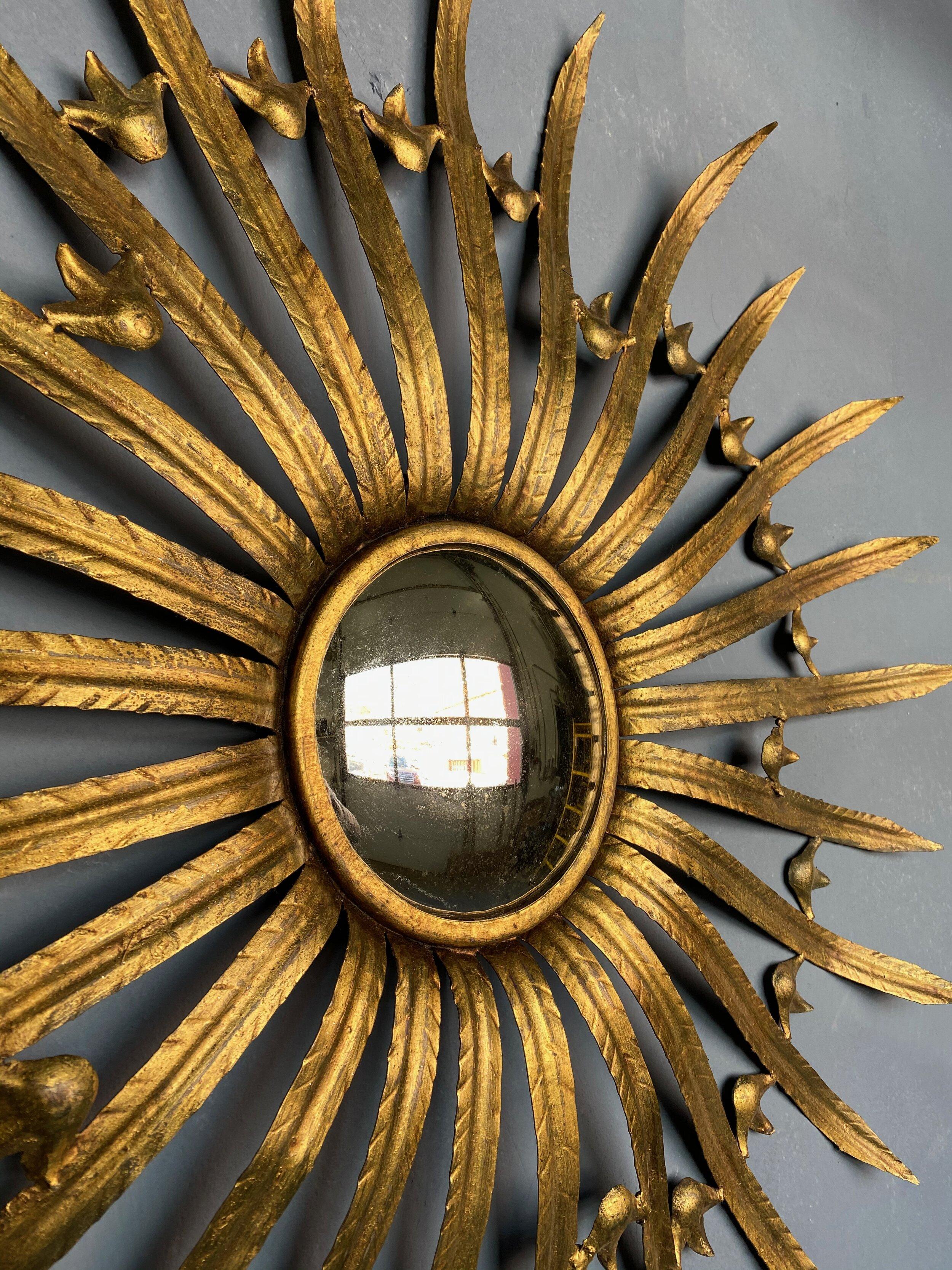 Late 20th Century Large French Gilt Metal Sunburst Convex Mirror
