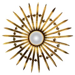 Large French Gilt Metal Sunburst Convex Mirror