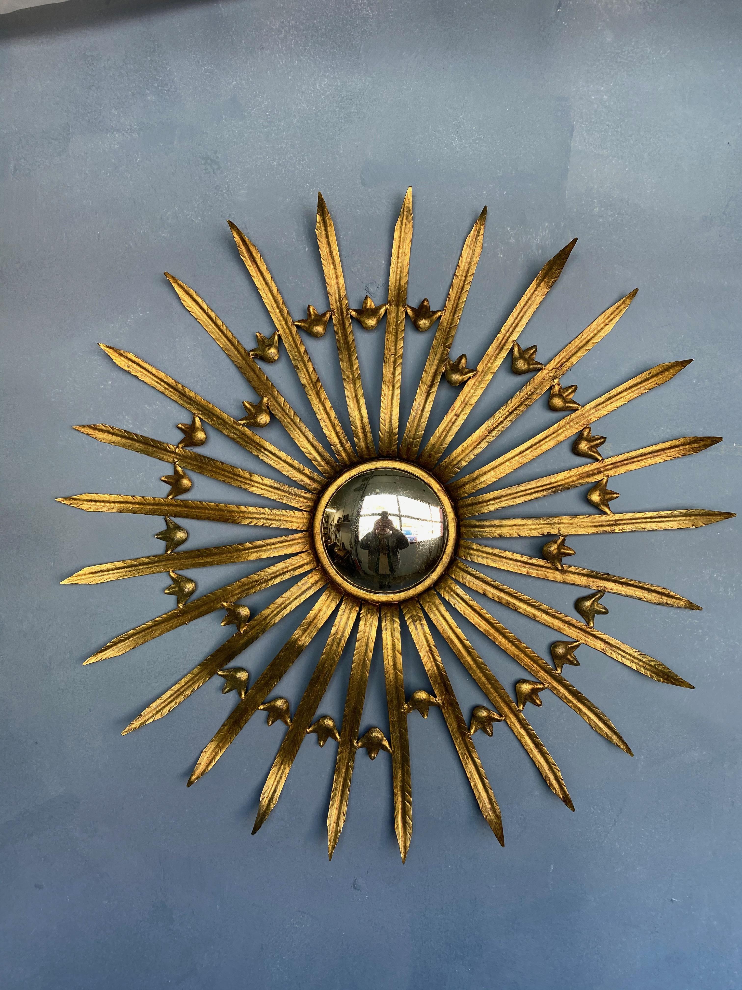Mid-Century Modern Large French Gilt Metal Sunburst Convex Mirror