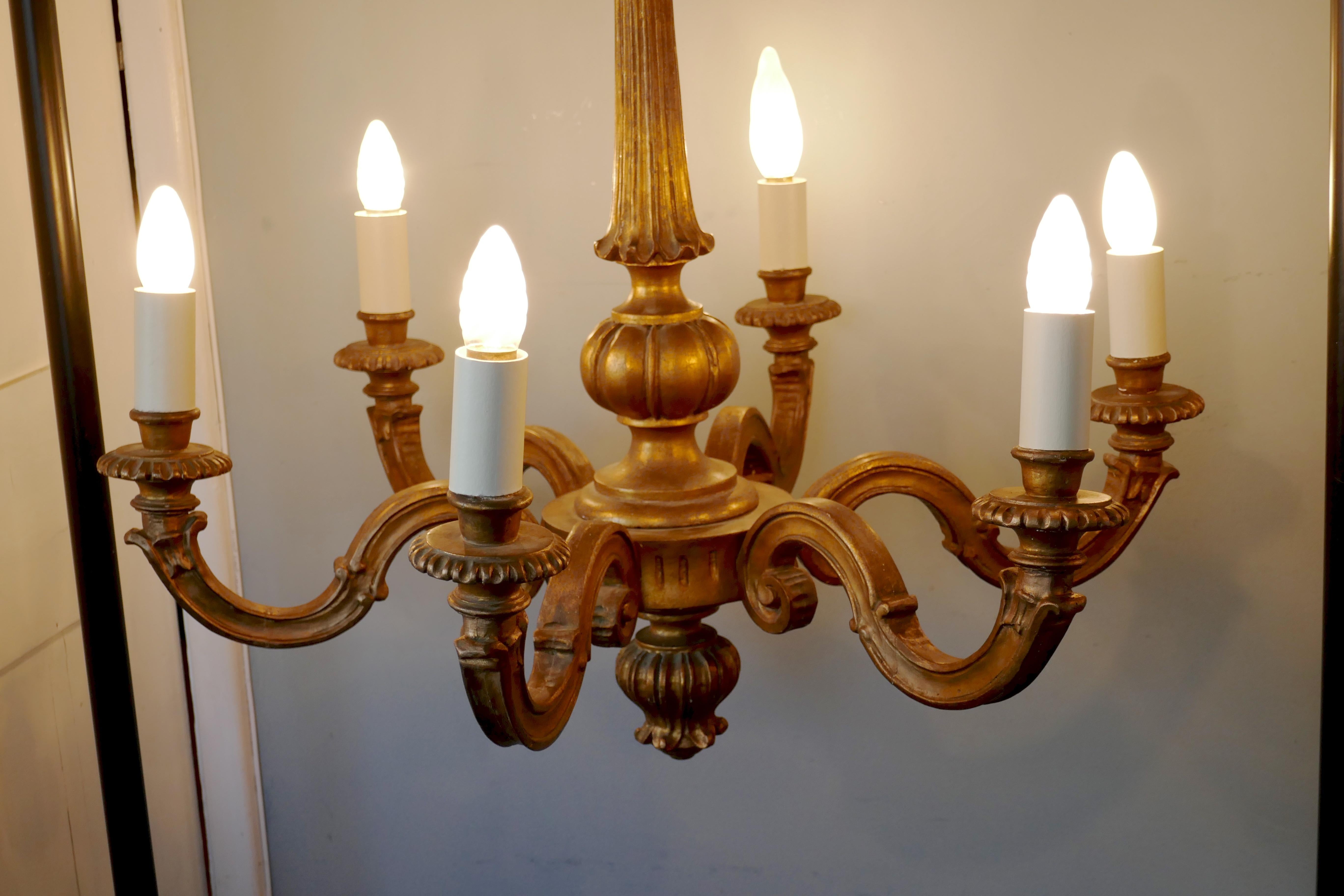 Large French Giltwood 6-Branch Rococo Chandelier In Good Condition In Chillerton, Isle of Wight