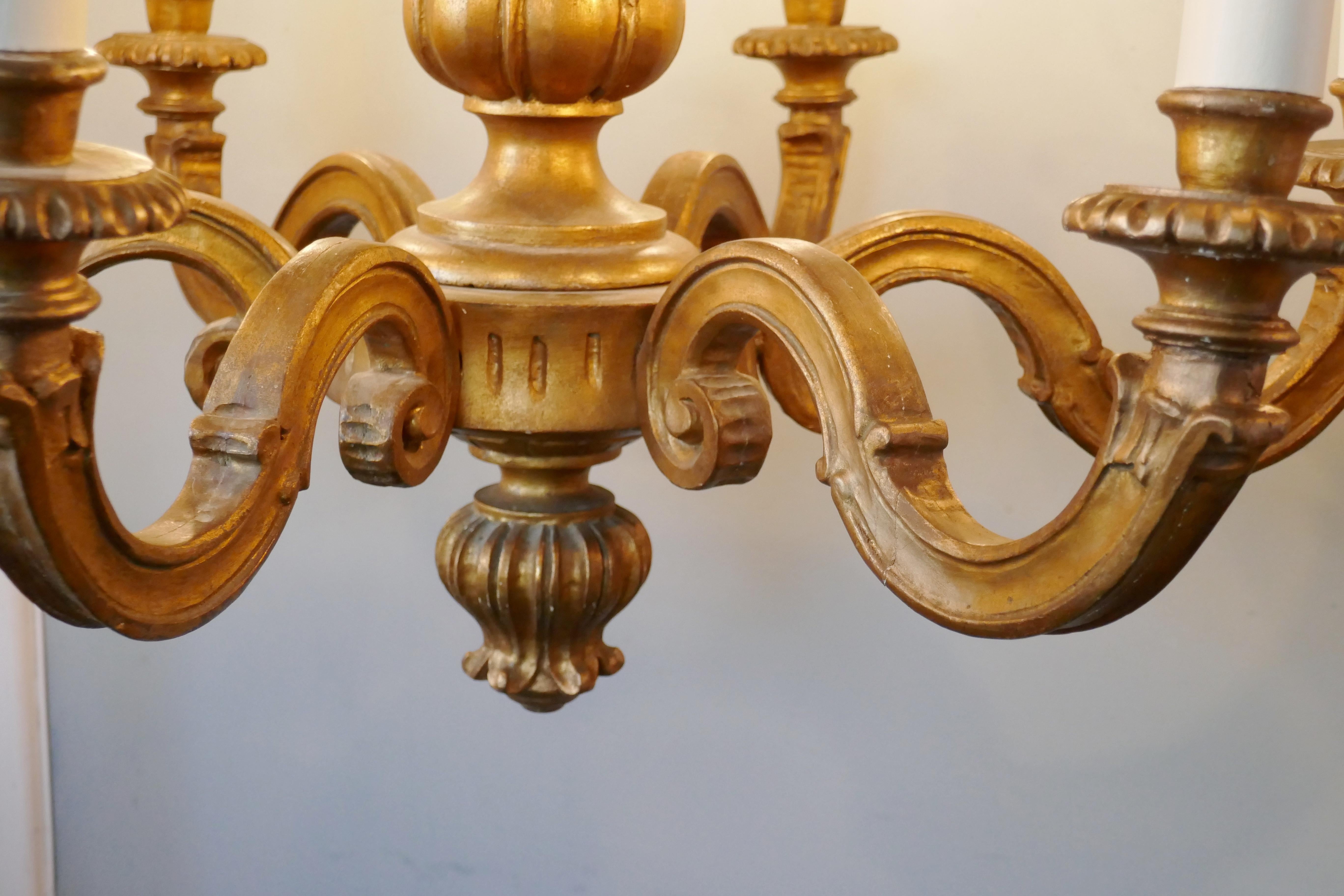 20th Century Large French Giltwood 6-Branch Rococo Chandelier
