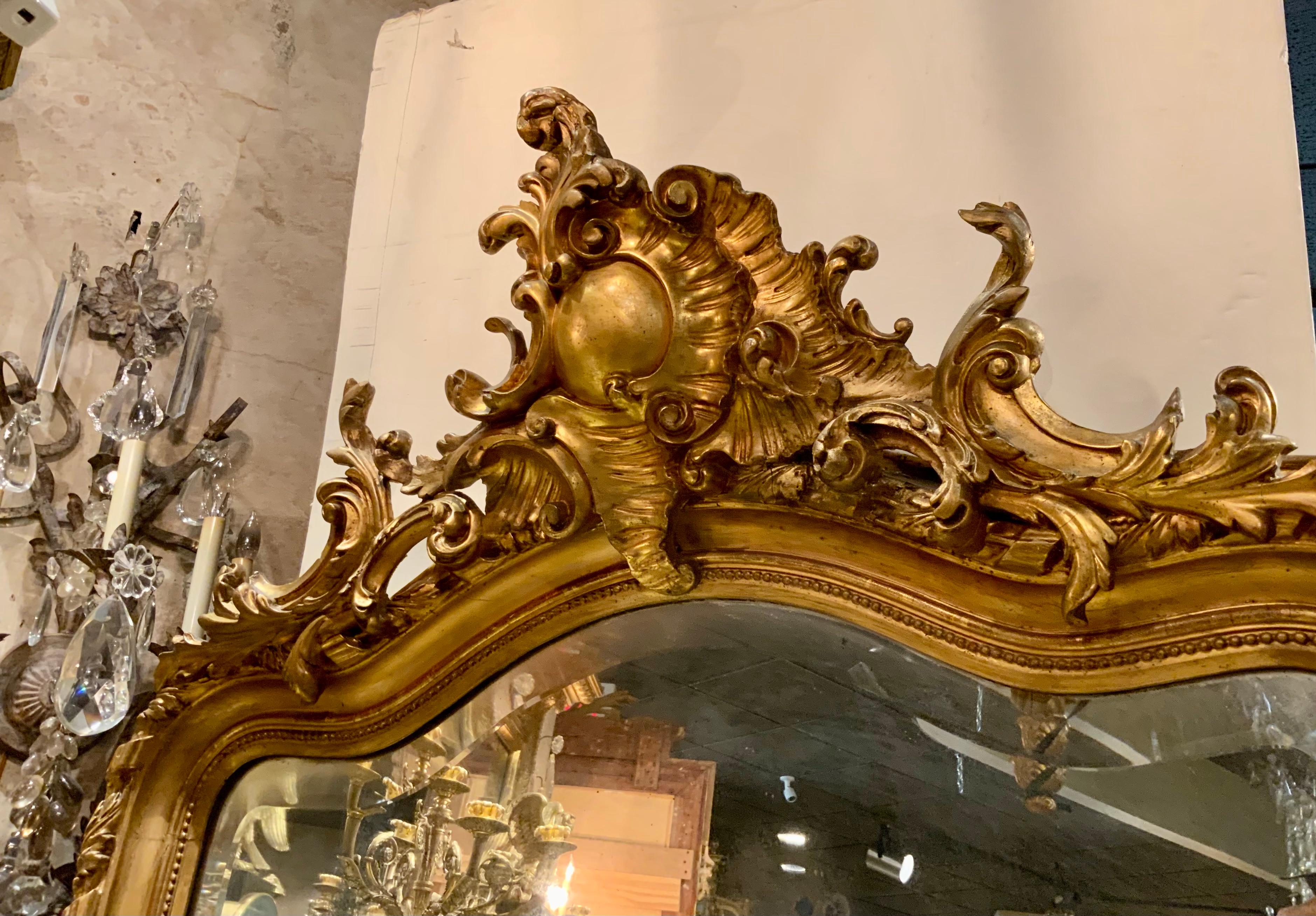 XIXe siècle Grand miroir français en bois doré de style Louis XV avec plaque biseautée, 18ème siècle