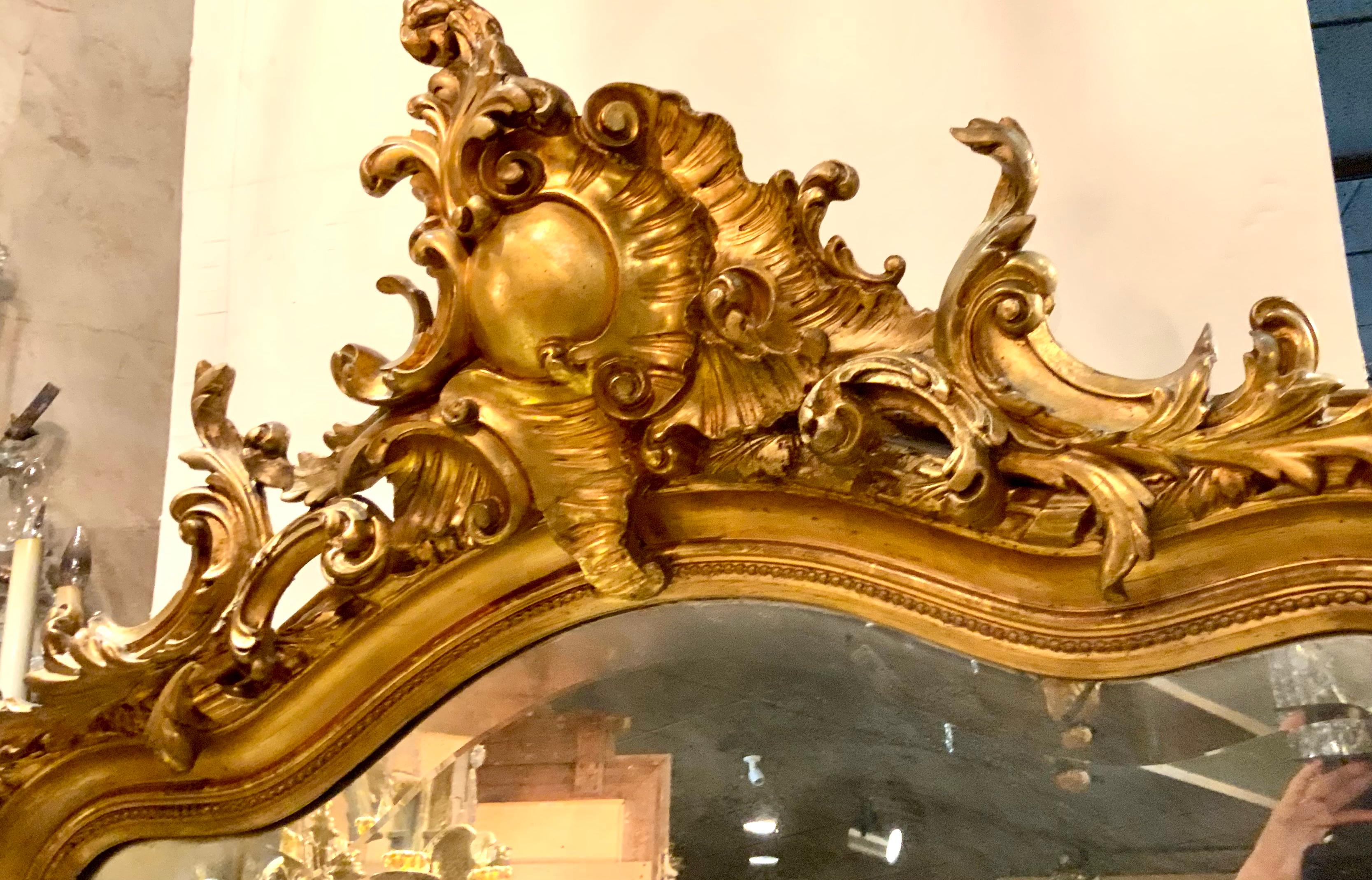 Grand miroir français en bois doré de style Louis XV avec plaque biseautée, 18ème siècle 3