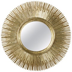 Large French Giltwood Sunburst Mirror, Gold Leaf Over Mahogany, 59" Diameter