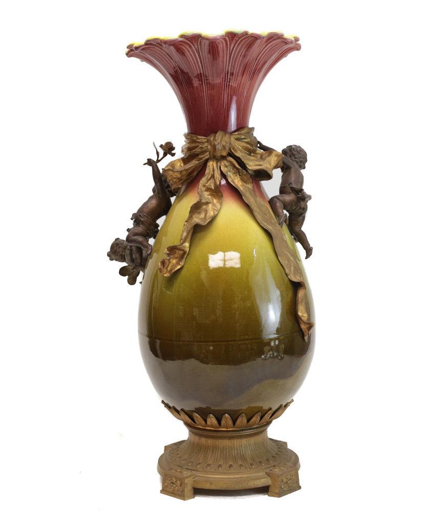 European Large French Glazed Ceramic and Gilt Bronze Footed Vase, Late 19th Century For Sale