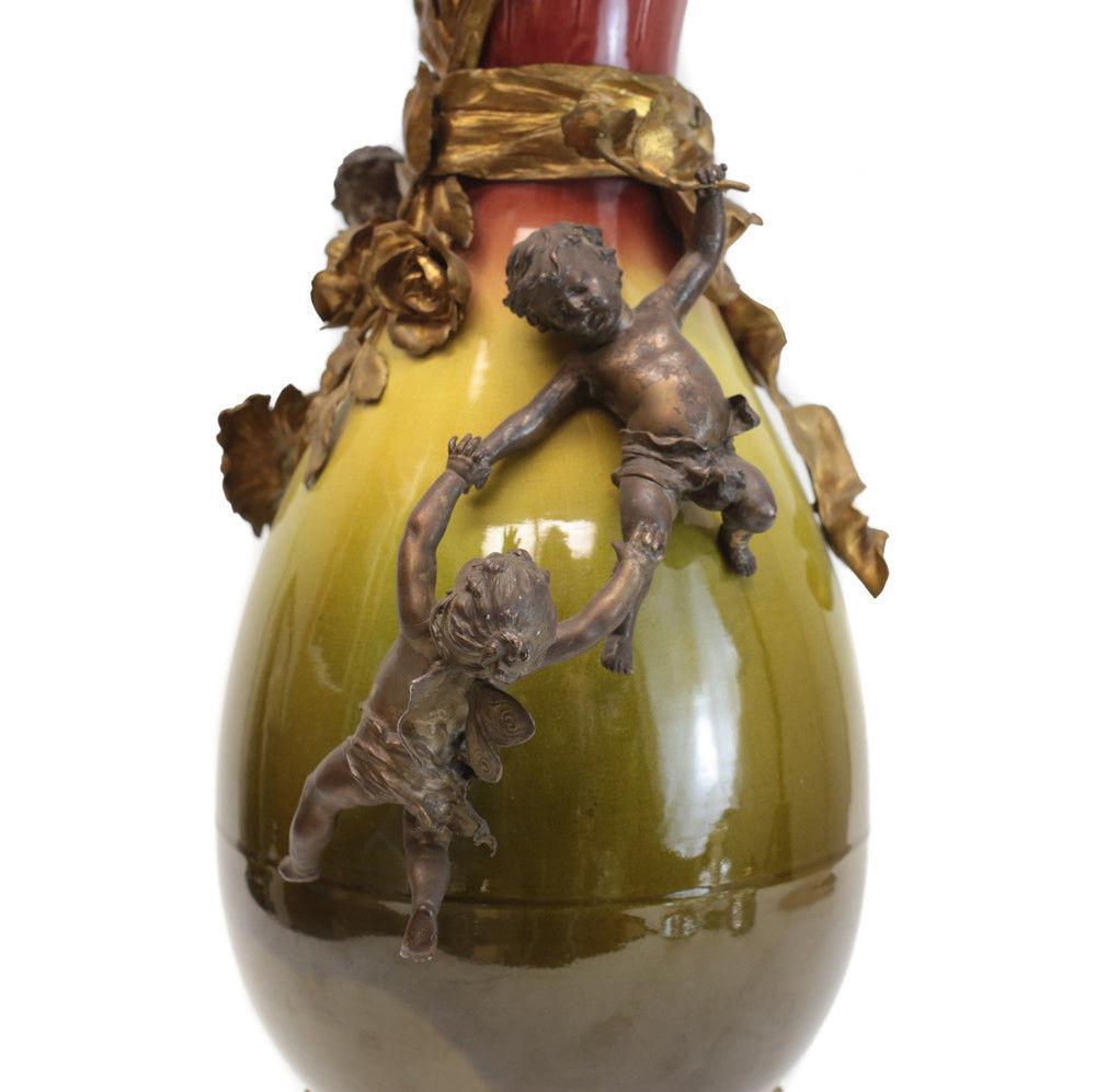 Large French Glazed Ceramic and Gilt Bronze Footed Vase, Late 19th Century For Sale 1