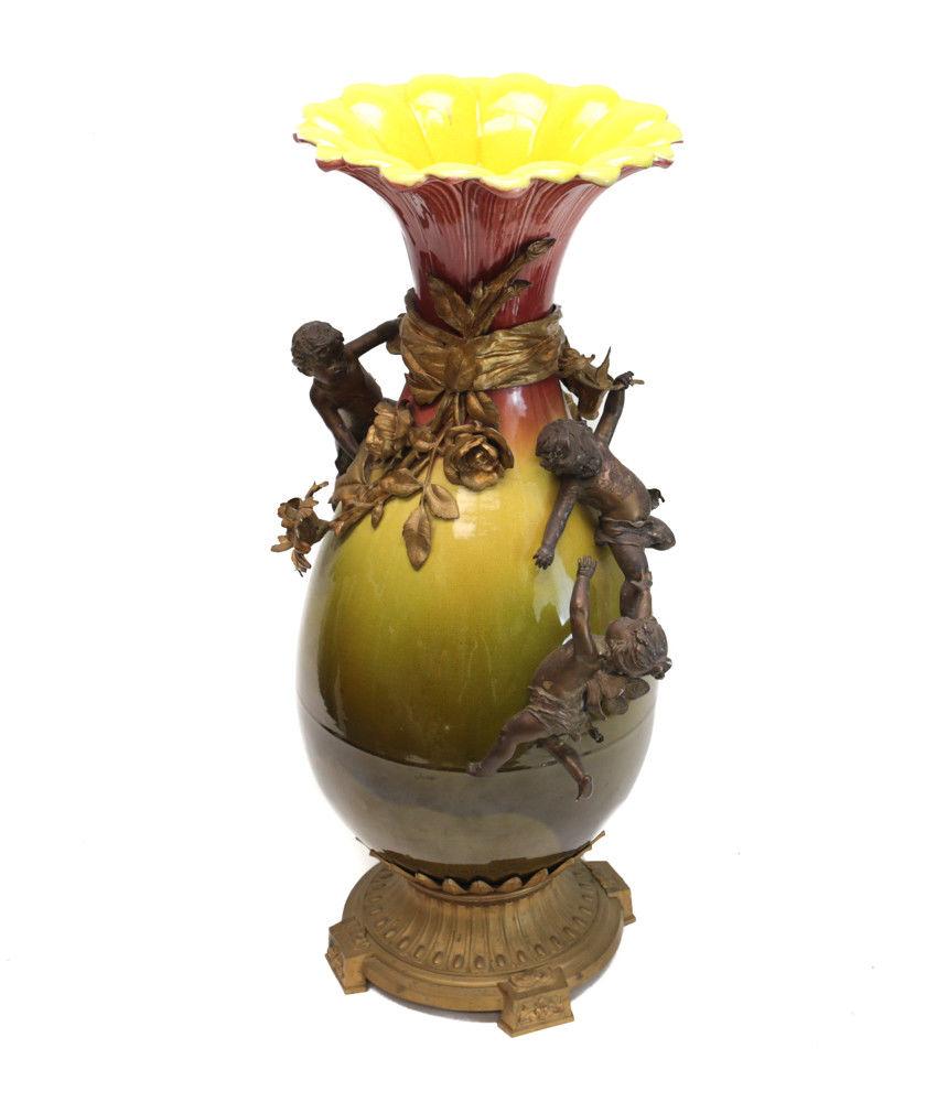 Large French Glazed Ceramic and Gilt Bronze Footed Vase, Late 19th Century For Sale 2