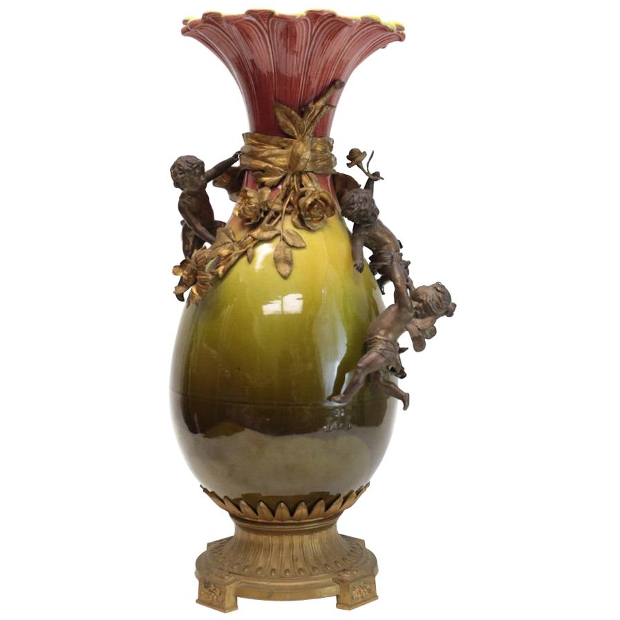 Large French Glazed Ceramic and Gilt Bronze Footed Vase, Late 19th Century For Sale