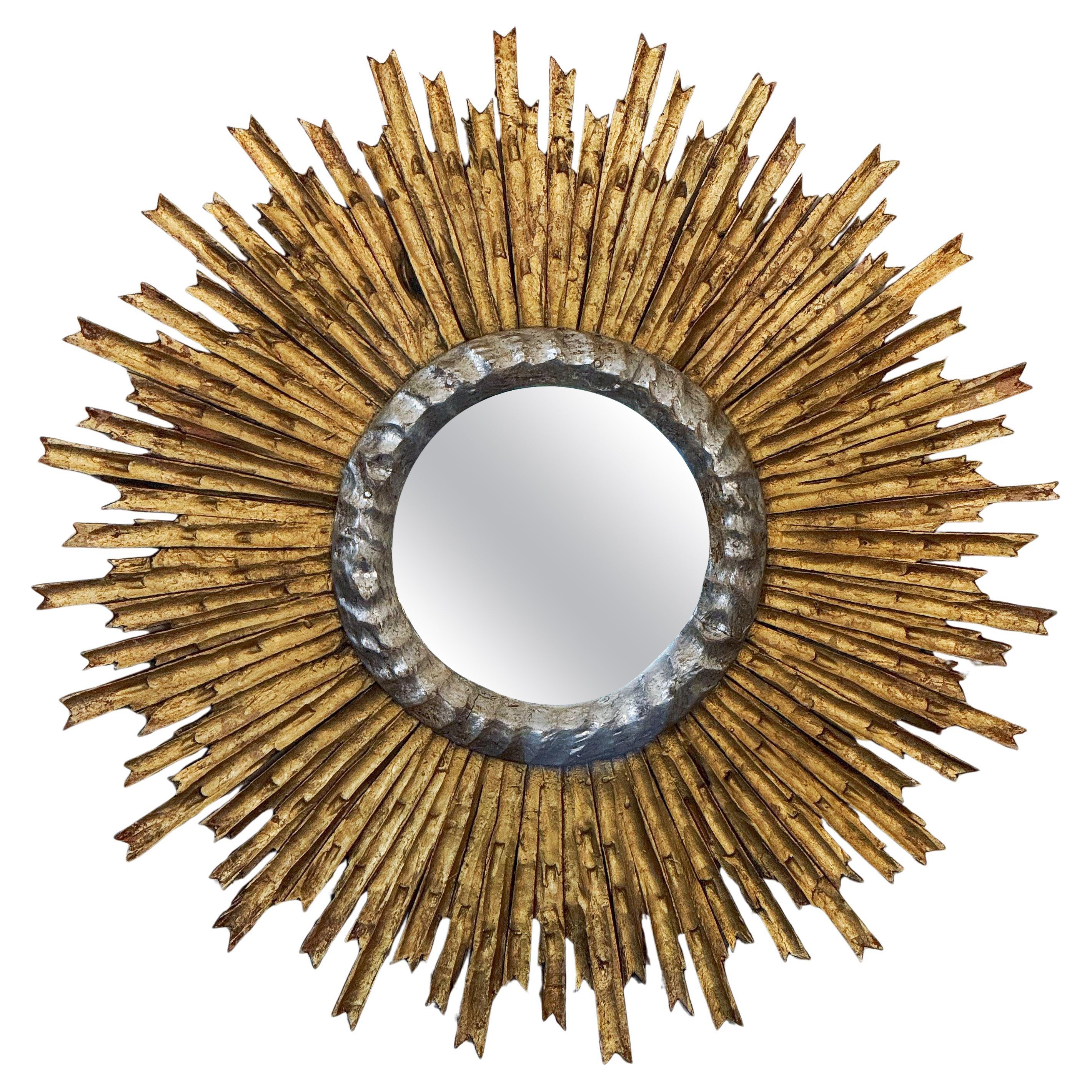 Large French Gold and Silver Gilt Sunburst or Starburst Mirror (Dia 27 1/4) For Sale
