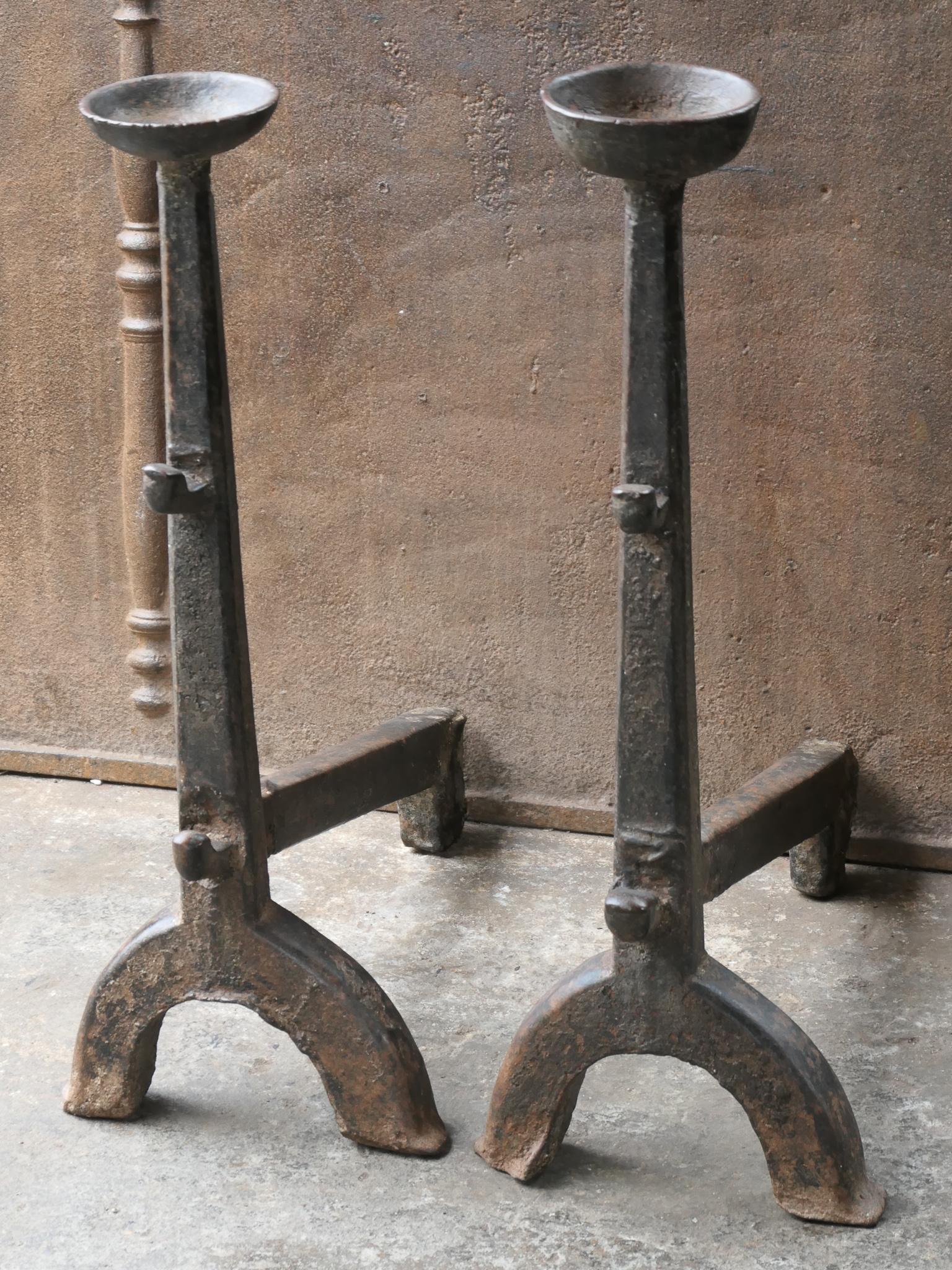 18th Century and Earlier Large French Gothic Andirons or Firedogs, 17th Century For Sale