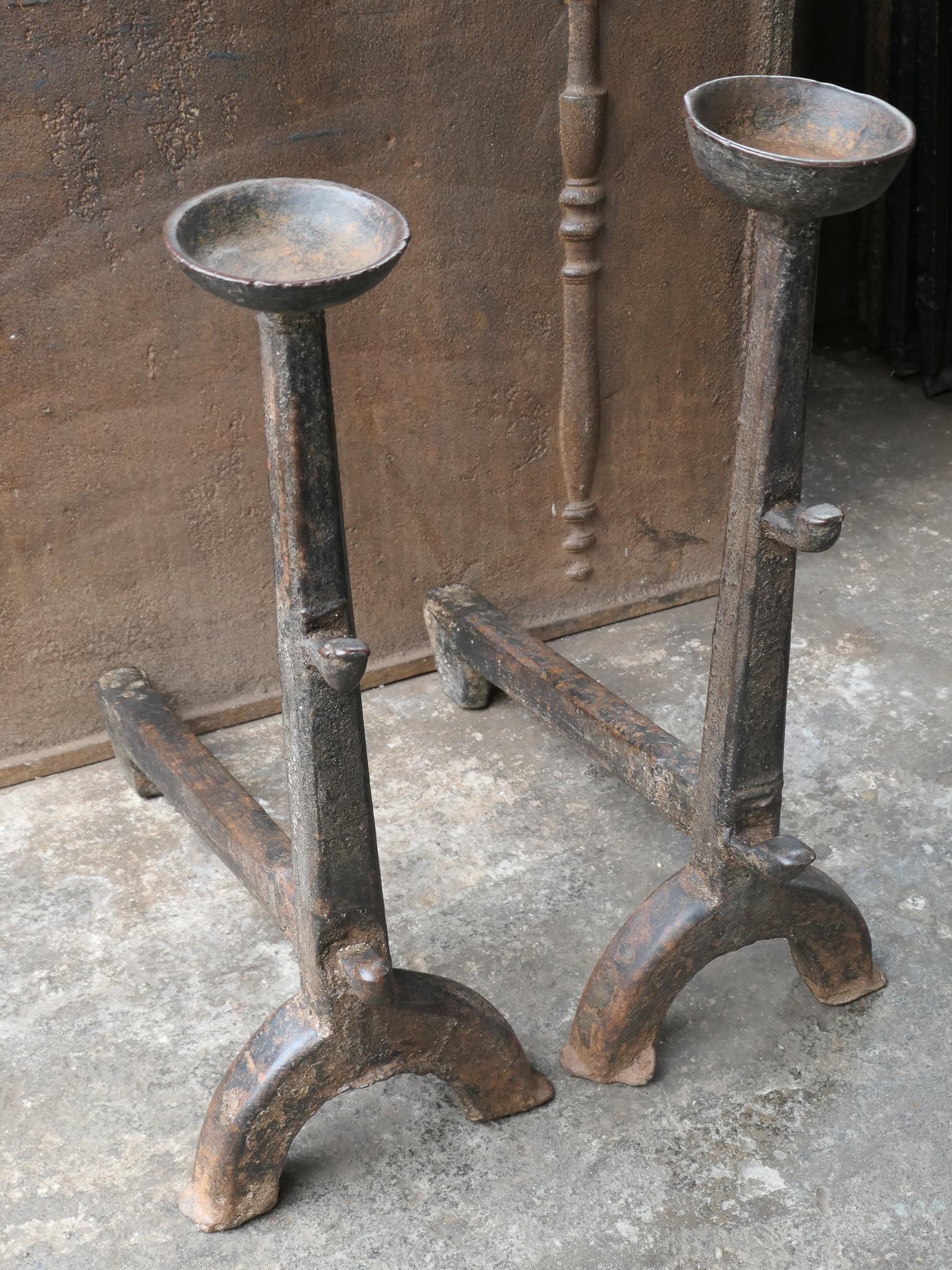 Wrought Iron Large French Gothic Andirons or Firedogs, 17th Century For Sale