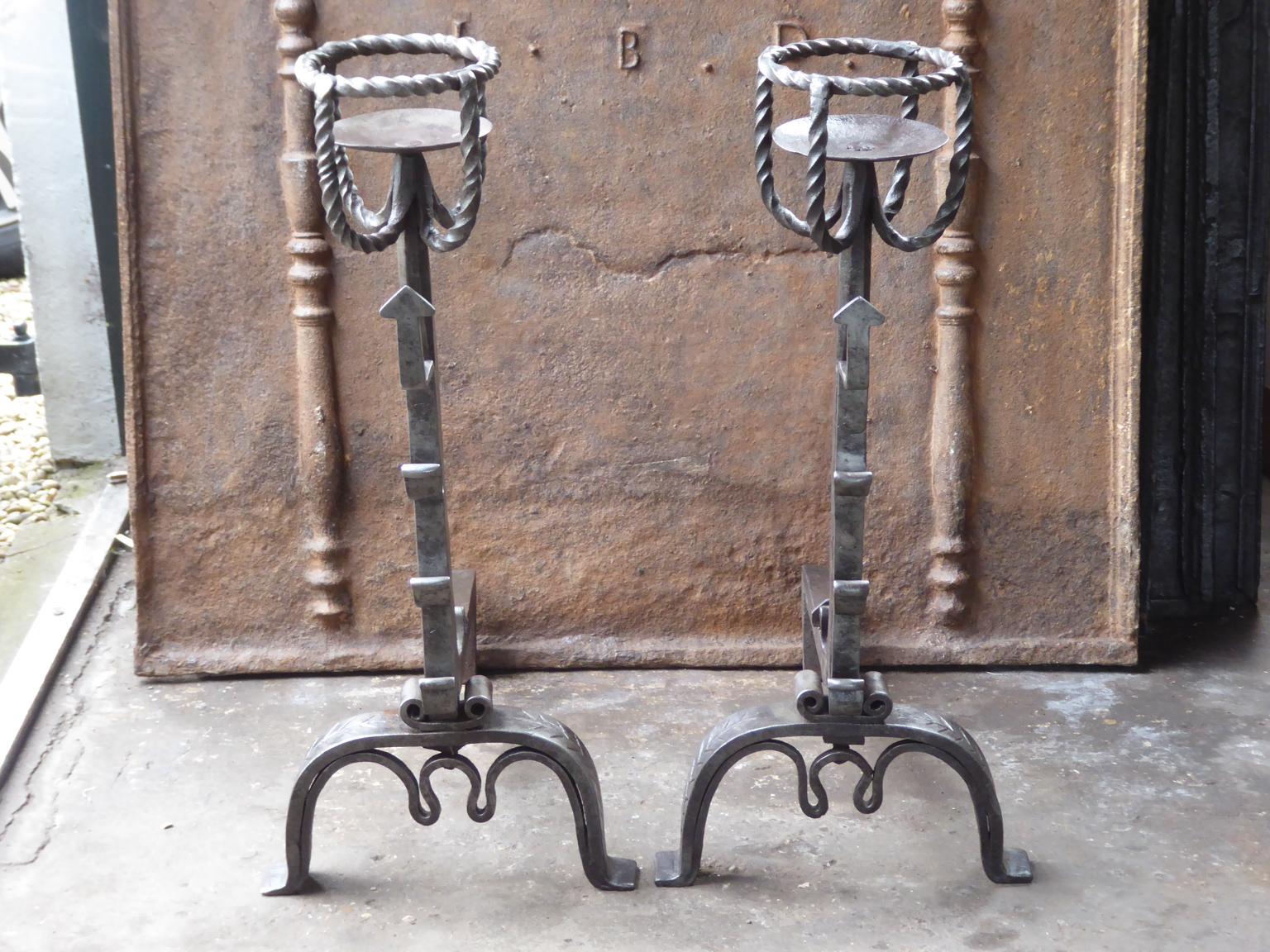 Forged Large French Gothic Andirons or Firedogs, 18th Century For Sale