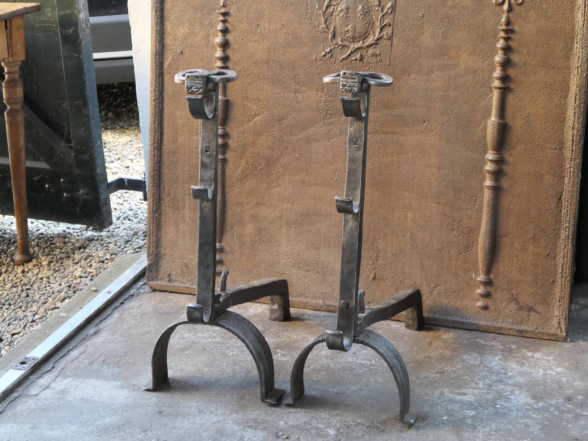18th Century and Earlier Large French Gothic 'Bull's Head' Andirons or Firedogs, 17th Century For Sale