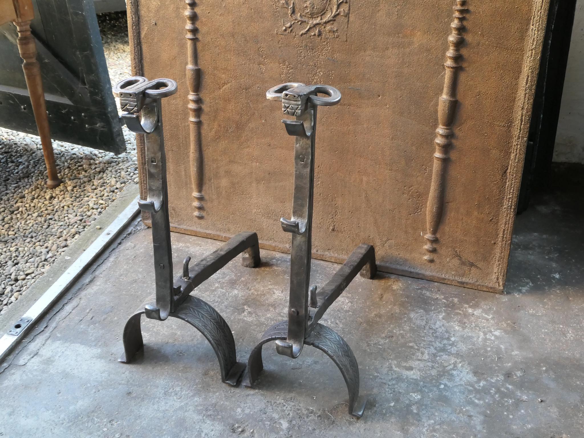 Wrought Iron Large French Gothic 'Bull's Head' Andirons or Firedogs, 17th Century For Sale