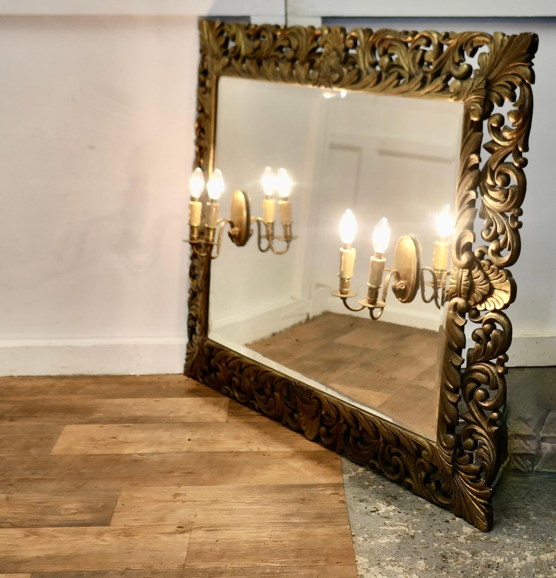 Large French Gothic Gilt Overmantel Mirror with Twin Sconces    For Sale 9