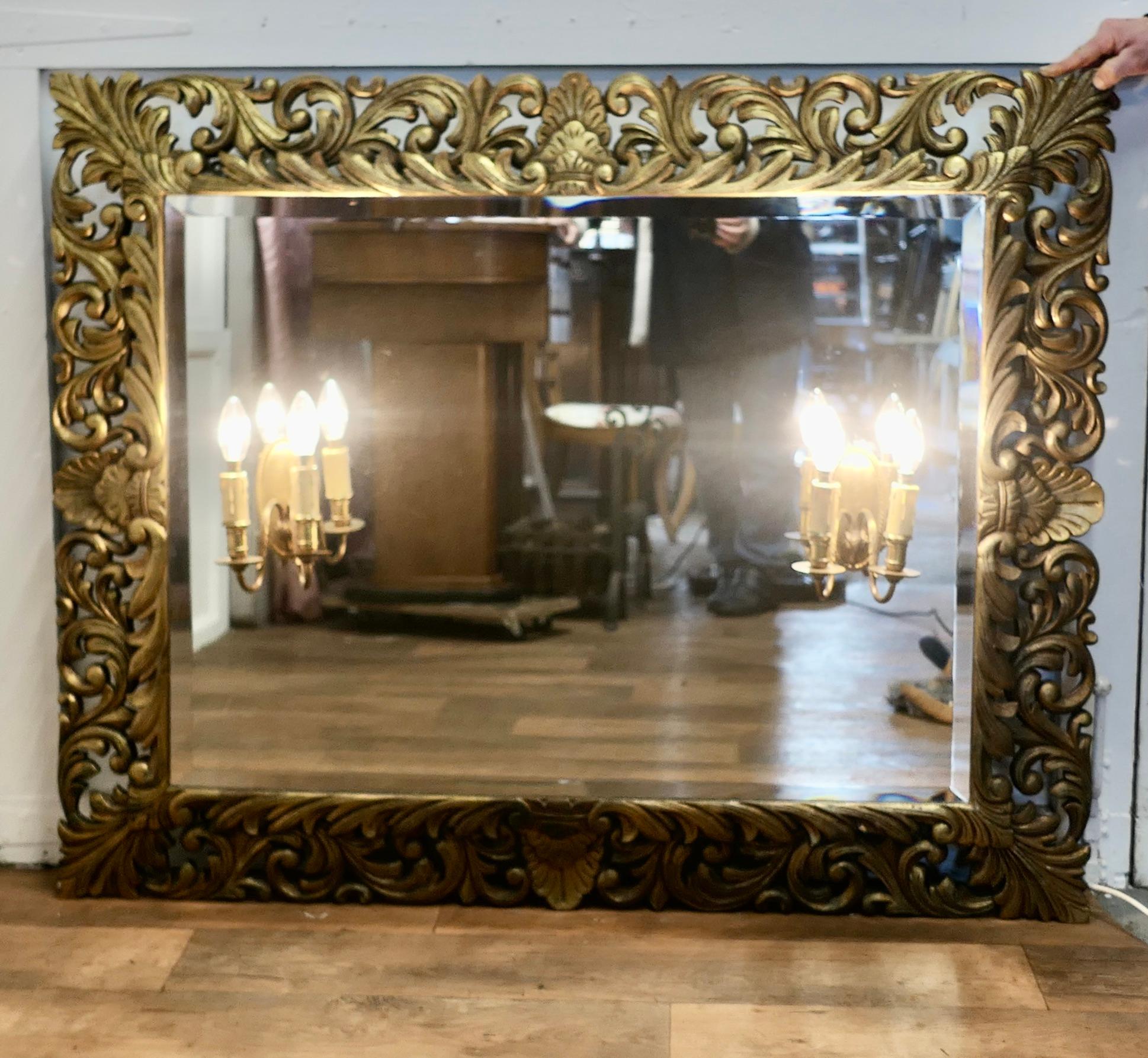 Oak Large French Gothic Gilt Overmantel Mirror with Twin Sconces    For Sale