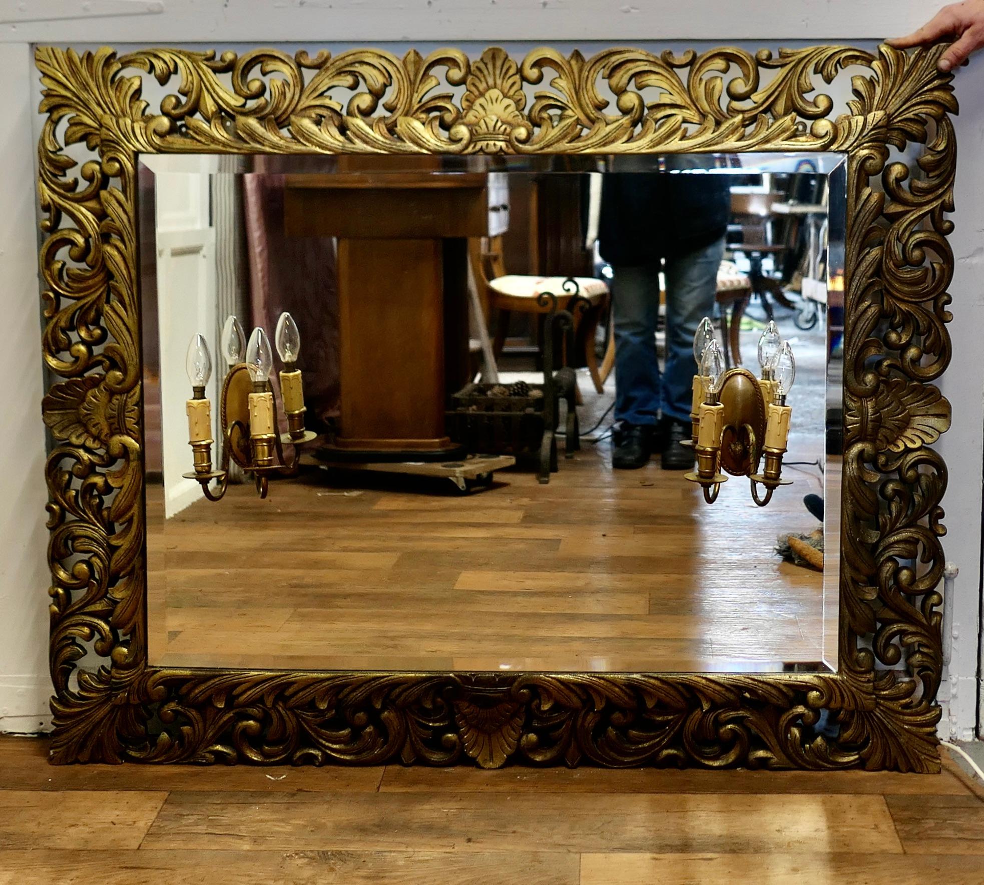 Large French Gothic Gilt Overmantel Mirror with Twin Sconces    For Sale 1